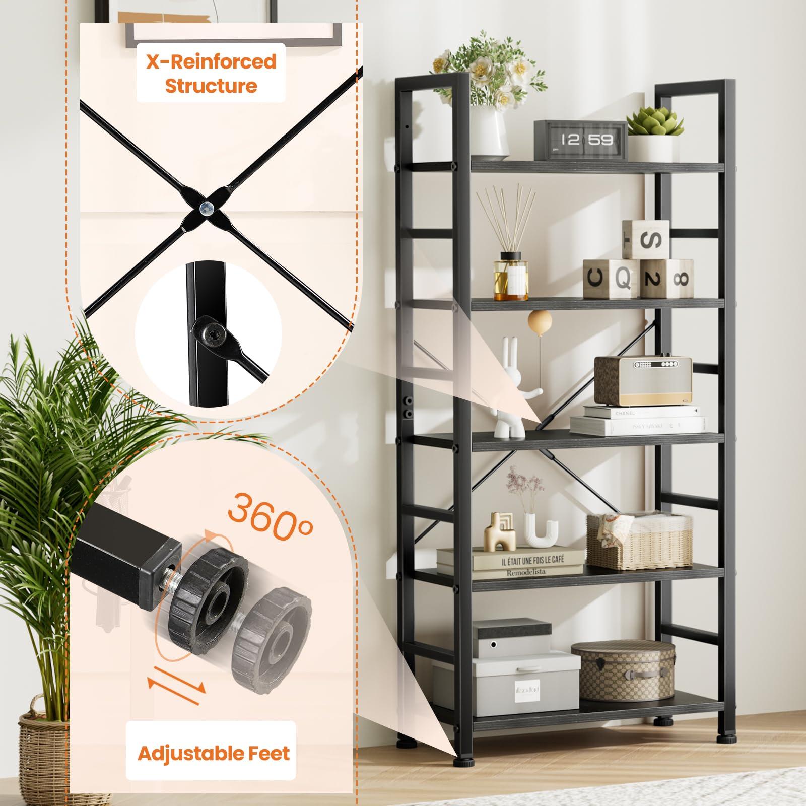 Sweetcrispy Book Shelf, 5 Tier Bookcase, Modern Tall Bookshelf for Garage Kit, CDs, Movies, Industrial Corner Storage Organizer for Bedroom Home Office Kitchen Living Room, Black - Image 6