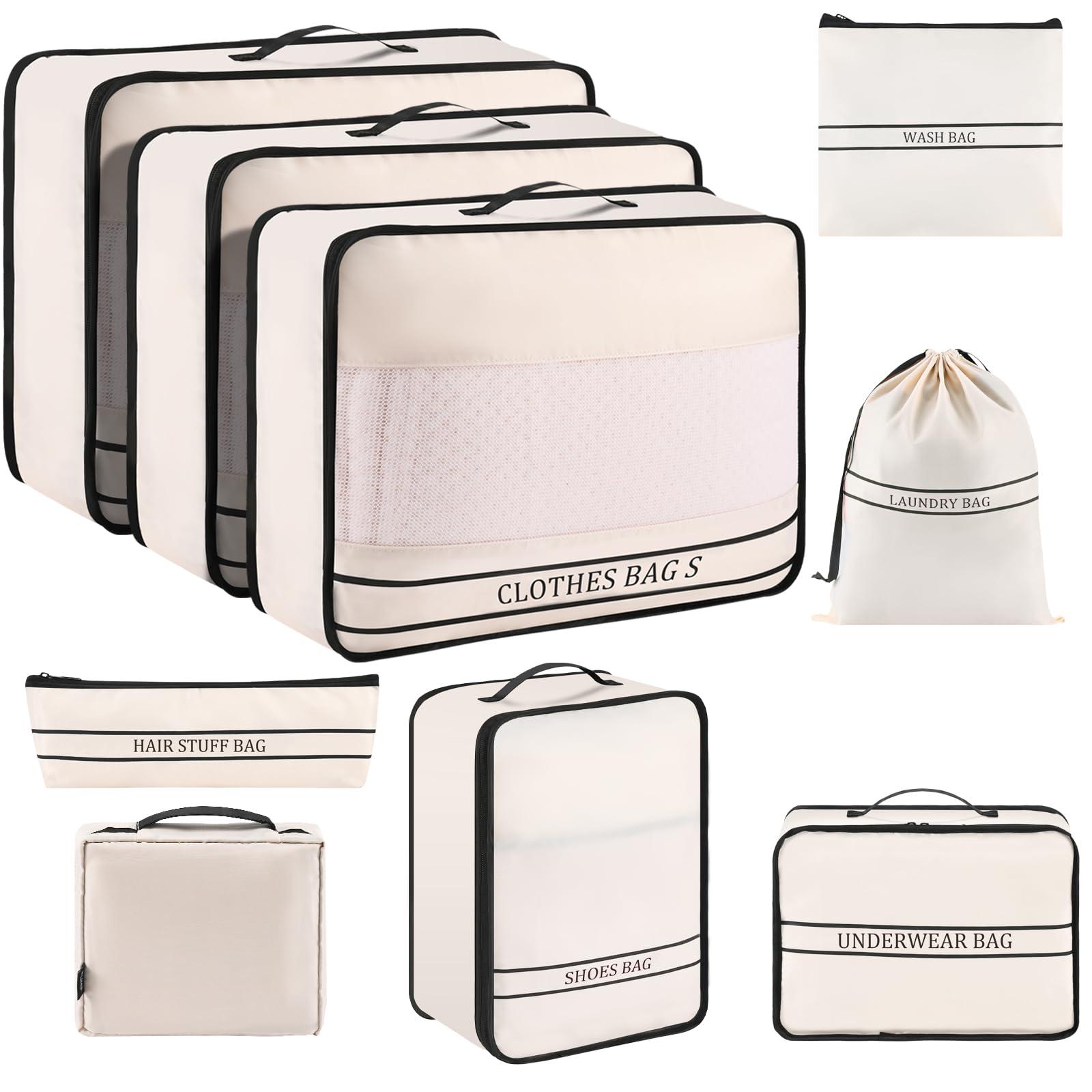 Ougrand 9 Set Packing Cubes Luggage Packing Organizers for Travel Accessories Space Saving Travel Bags for Carry On, Lightweight Mesh Zipper, Clothes, Shoes, Laundry and Shoe Bag, Suitcases (Cream)