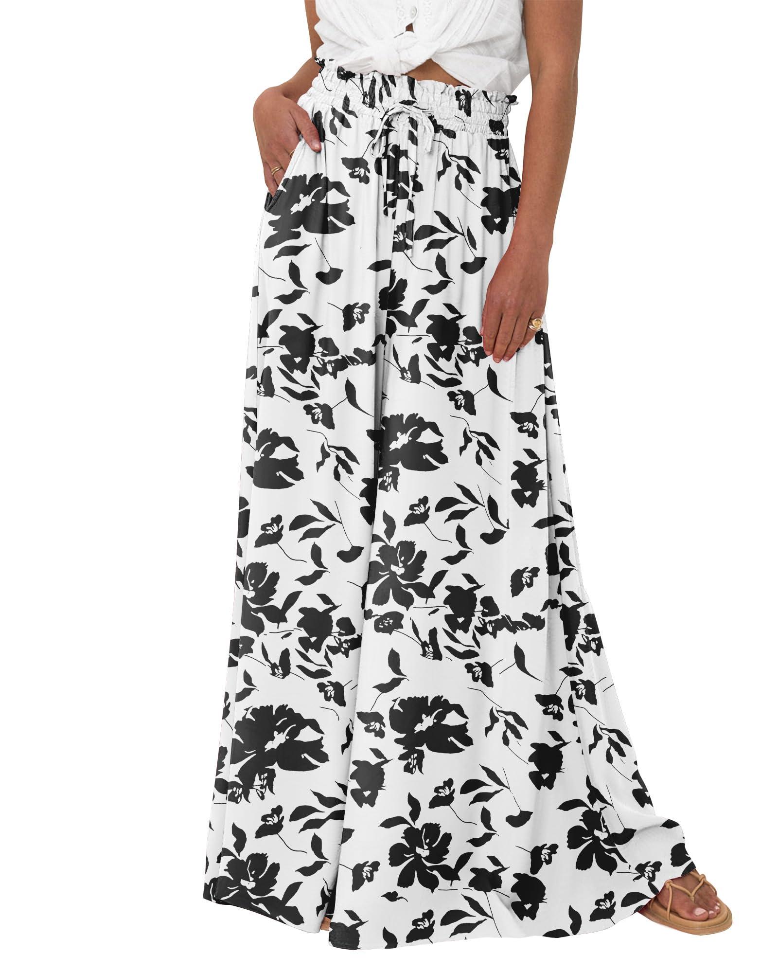 BTFBM Women Casual High Waist Wide Leg Pants Summer Floral Solid Long Palazzo Pants Lounge Beach Trousers with Pocket