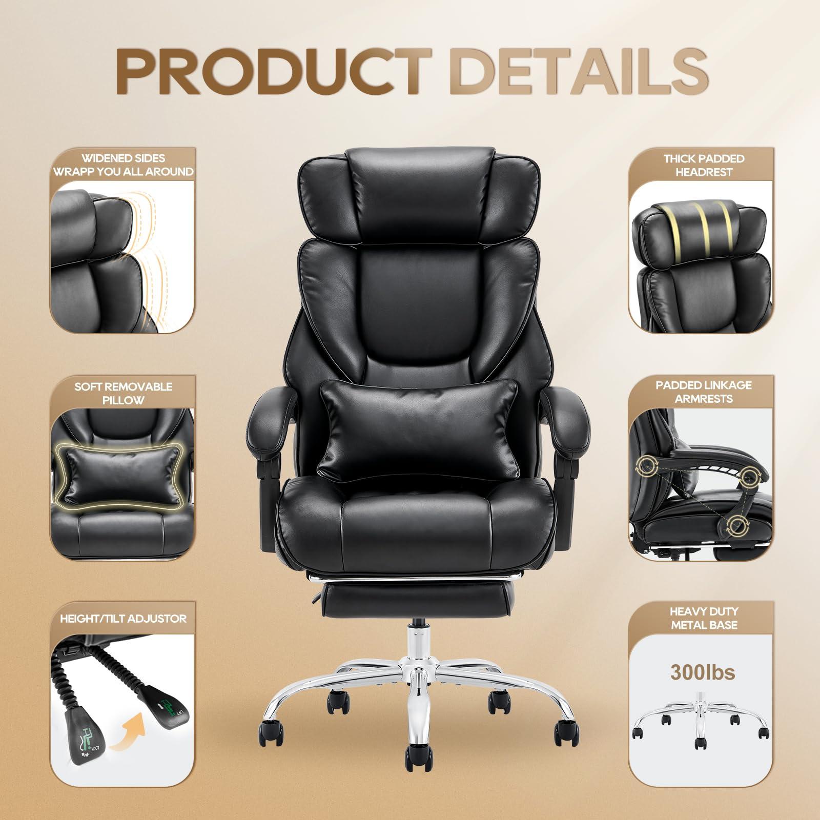 COLAMY Office Chair with Retractable Footrest, Ergonomic High Back Design Executive Computer Desk Chair with Removable Lumbar Pillow, 90-135°Reclining, Thick Bonded Leather for Home Office Work, Black - Image 4