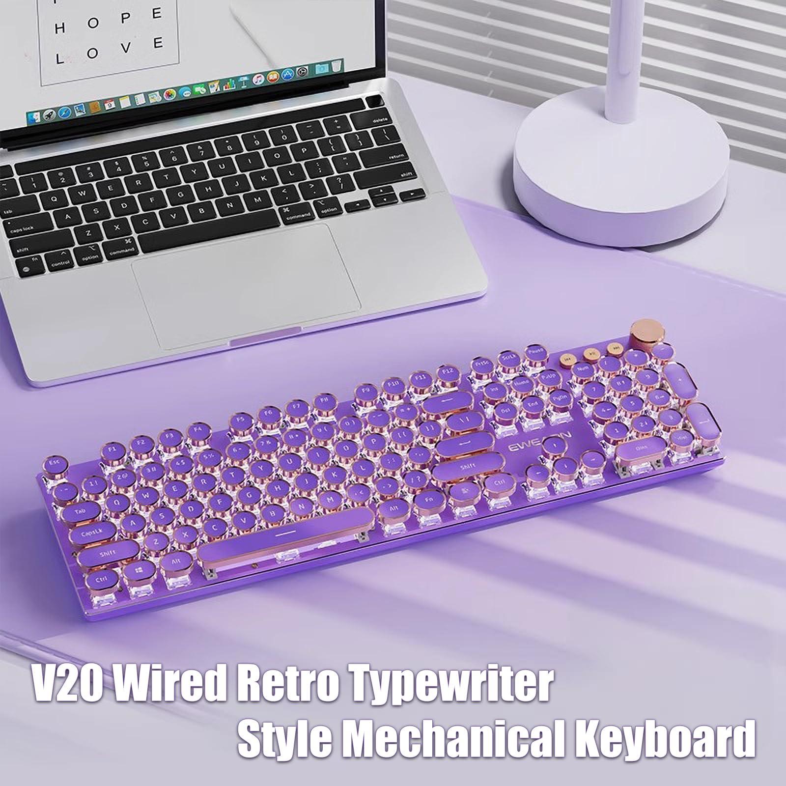 TISHLED Typewriter Style Mechanical Gaming Keyboard White LED Backlit 104-Key NKRO Pink Switches Retro Round Keycaps Golden Ring Volume Knob Metal Panel Wired USB-C Detachable Cable, Purple - Image 2