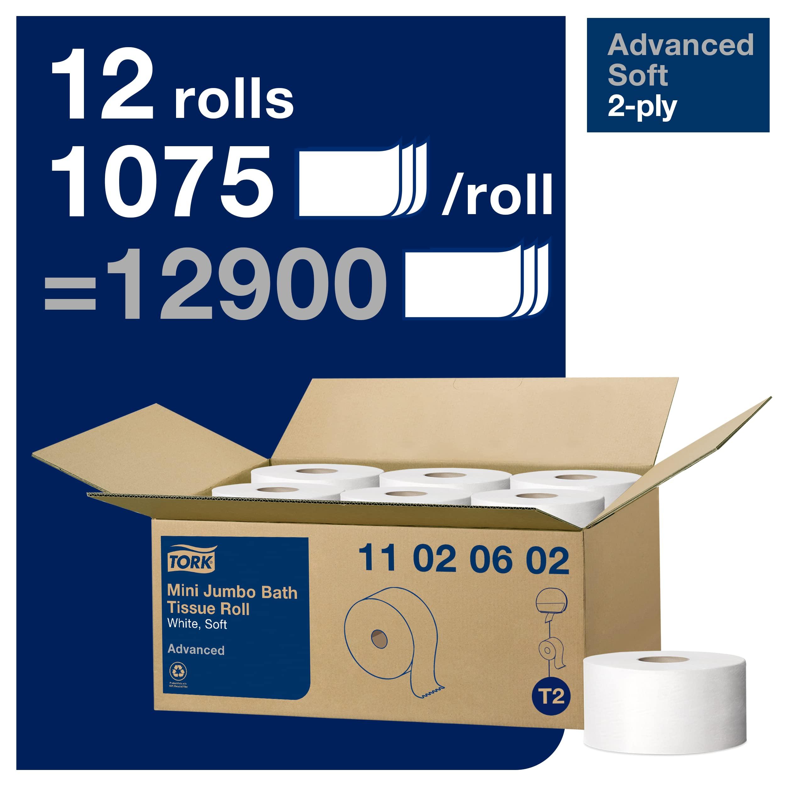 Tork Mini Jumbo Bath Tissue Roll - Toilet Paper Towels with Advanced Soft Quality, Compatible with T2 Tork Dispenser, 12 rolls x 1075, 2-Ply Sheets, Color: White, 11020602 - Image 2