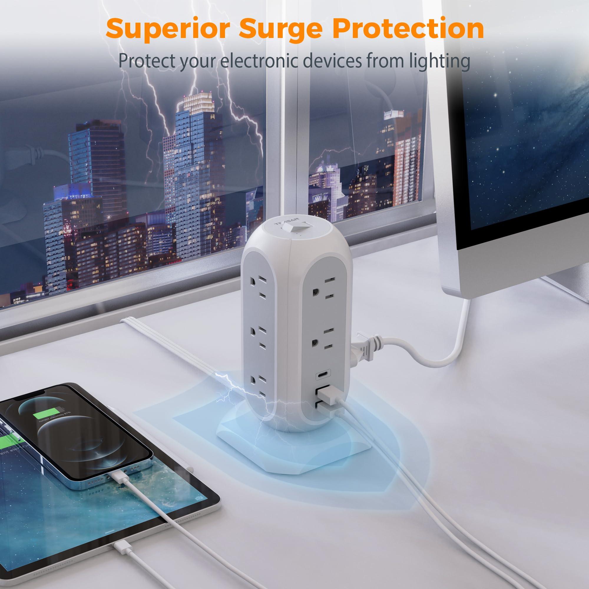 Tower Power Strip Flat Plug with 11 Outlets 3 USB (1 USB C), TESSAN Surge Protector Tower 1625W/13A,1050J Protection, 6 Feet Extension Cord with Multiple Outlets, Office Desk Supplies, Dorm Essentials - Image 4