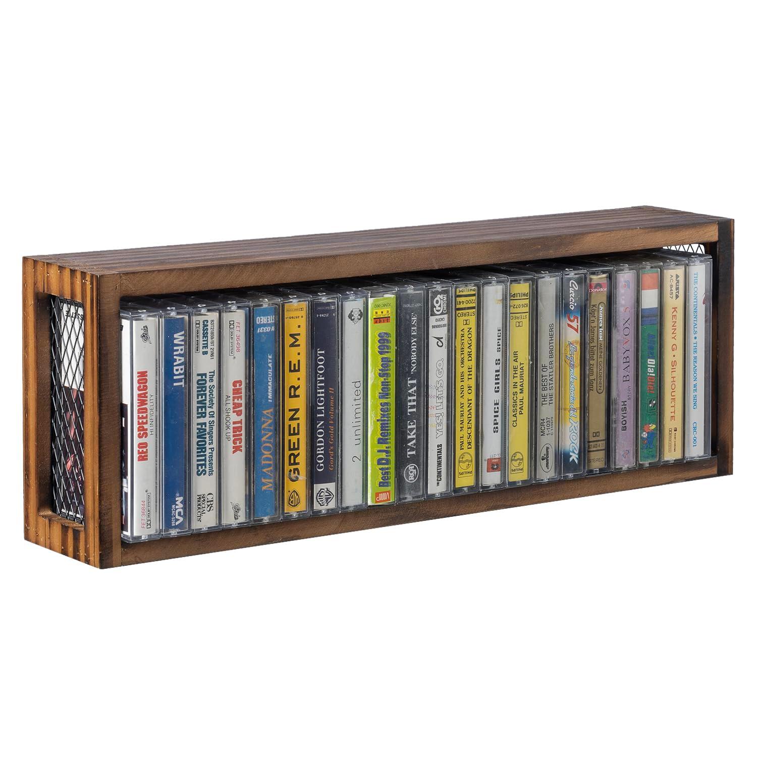 FARM IN Cassette Tape Storage, Farmhouse Style Cassette Rack Towe for Table or Wall Mount, Rustic Solid Burnt Wood & Diamond Metal Wire Mesh - Image 5