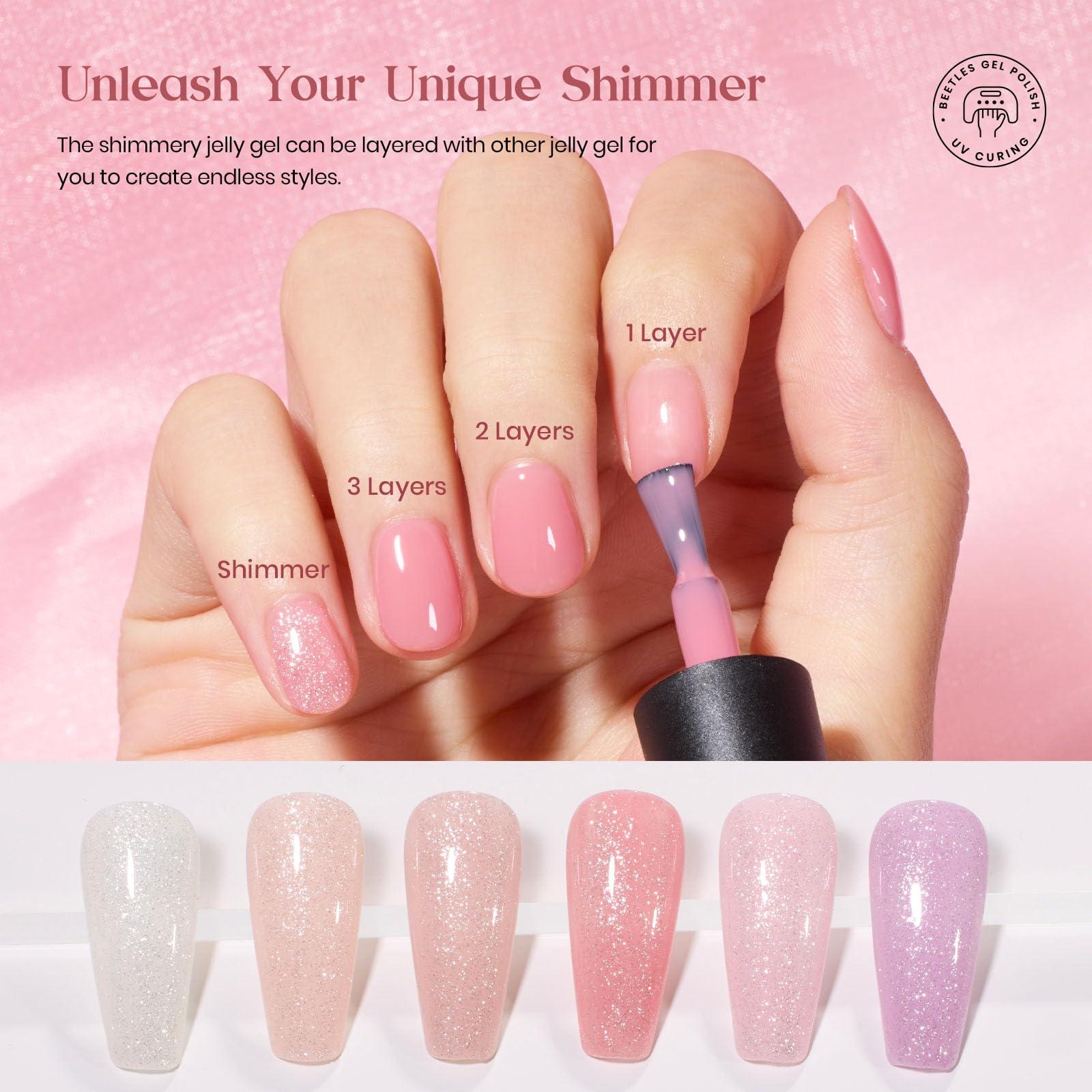 Beetles Pink Nude Gel Nail Polish Kit, 25PCS 20 Colors Neutral Jelly Pink Sheer Glitter White Gel Nail Kit Soak Off UV with Base Glossy Matte Top Coat Pearls Rhinestones Nail Charms Gift for Women - Image 5