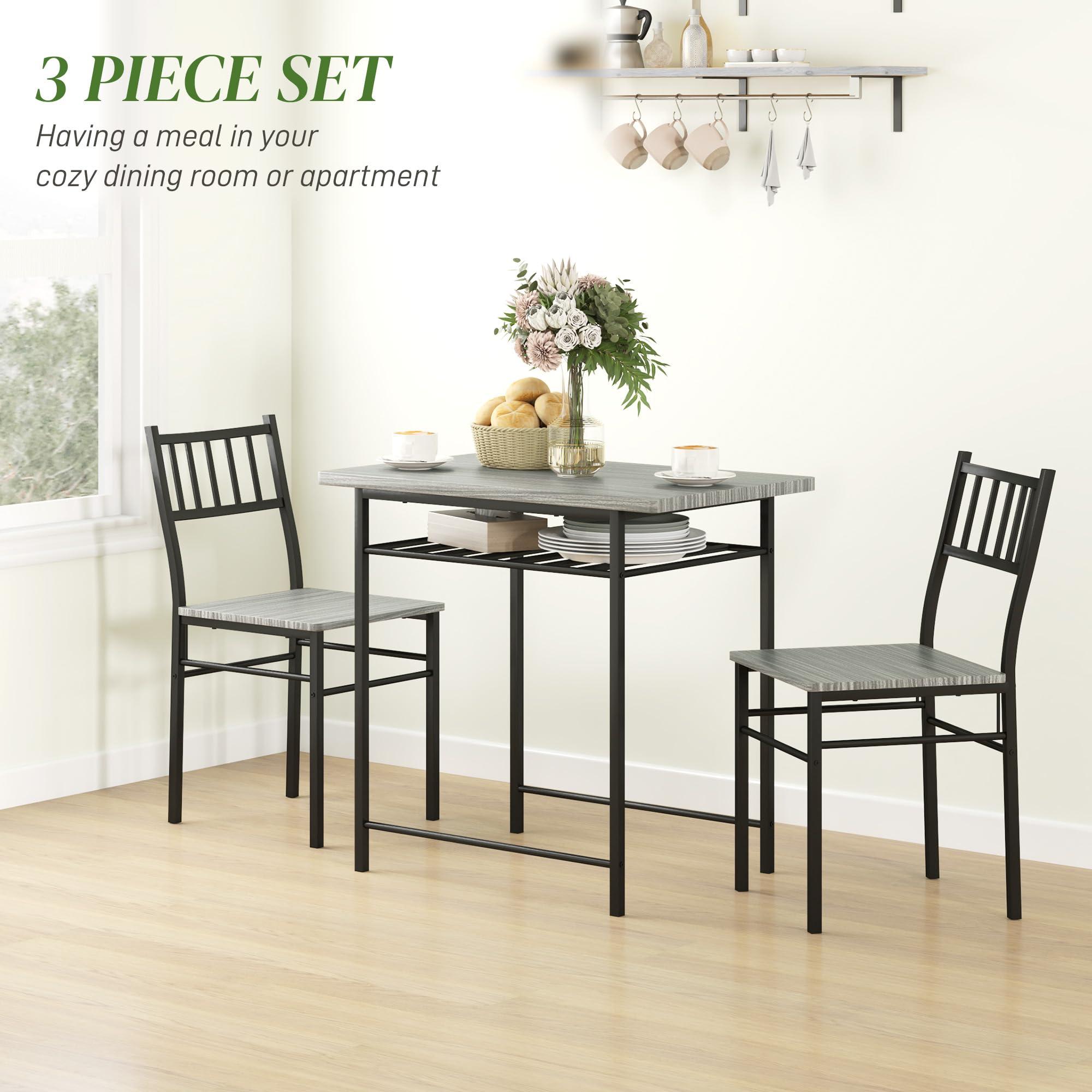 HOMCOM 3-Piece Dining Table Set for 2, Small Kitchen Table and Chairs with Built-in Storage Rack and Steel Frame, for Breakfast Nook and Small Space, Gray - Image 5