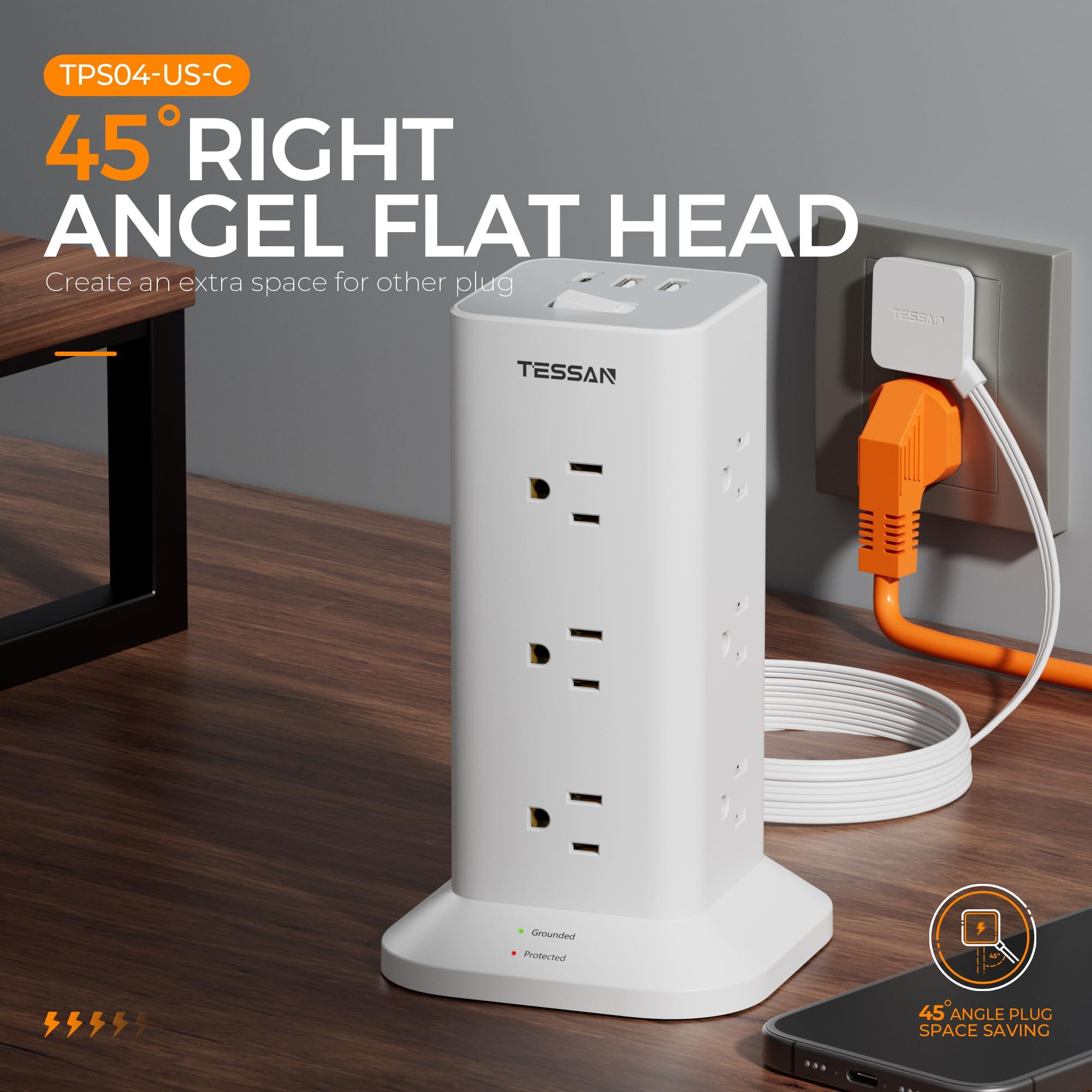 Power Strip Tower with Surge Protector, TESSAN Flat Plug Extension Cord 10 Ft with 12 AC Outlets with 3 USB Ports (1 USB C), Multiple Outlets for Home, Office Supplies, Dorm Room Essentials - Image 7