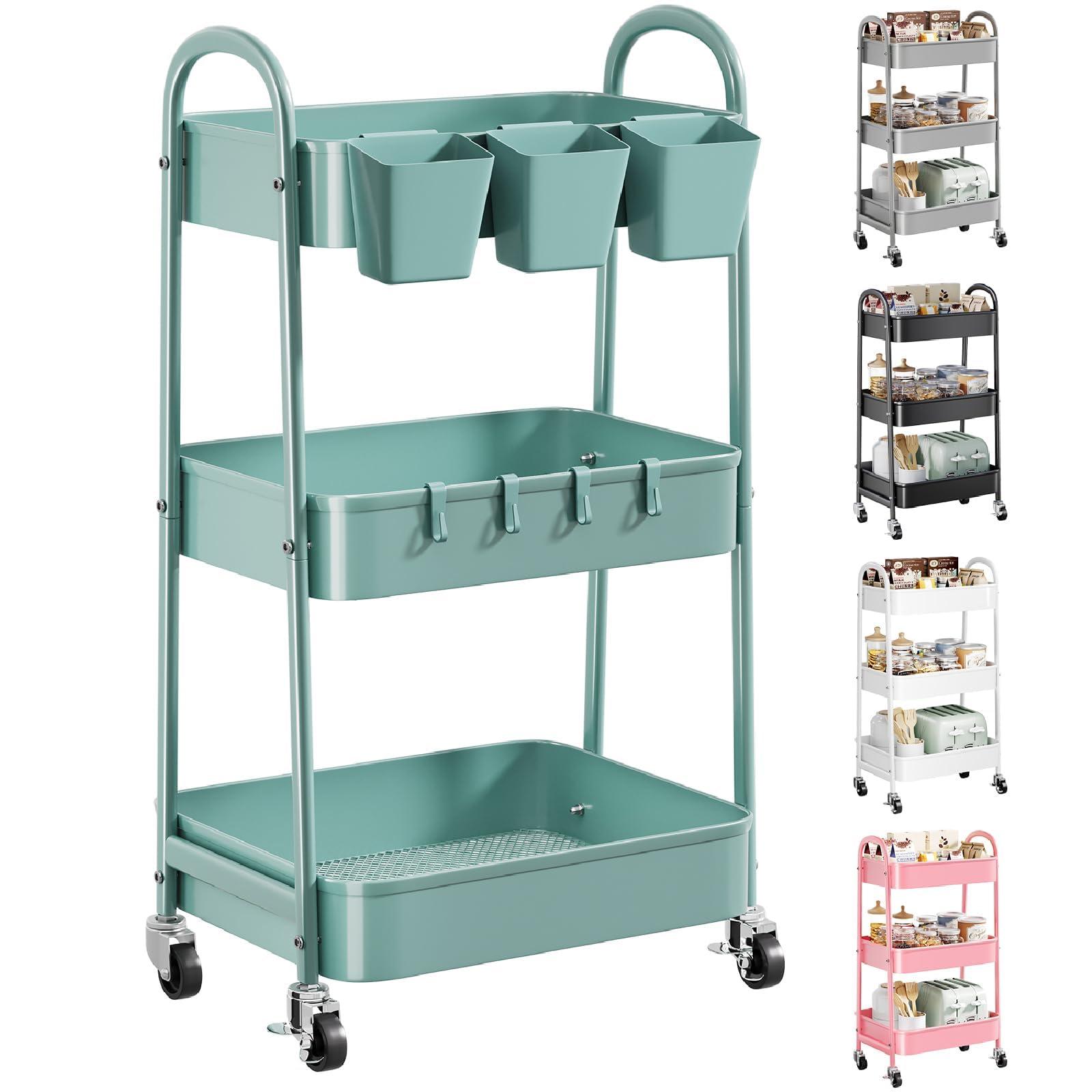 3 Tier Green Metal Rolling Cart with Lockable Wheels and Handle, 3 Tiered Utility Storage Organizer Carts for Teachers, Arts, Craft, Snack, Book, Bedside, Nursery, Cleaning Supplies, Easy Assembly