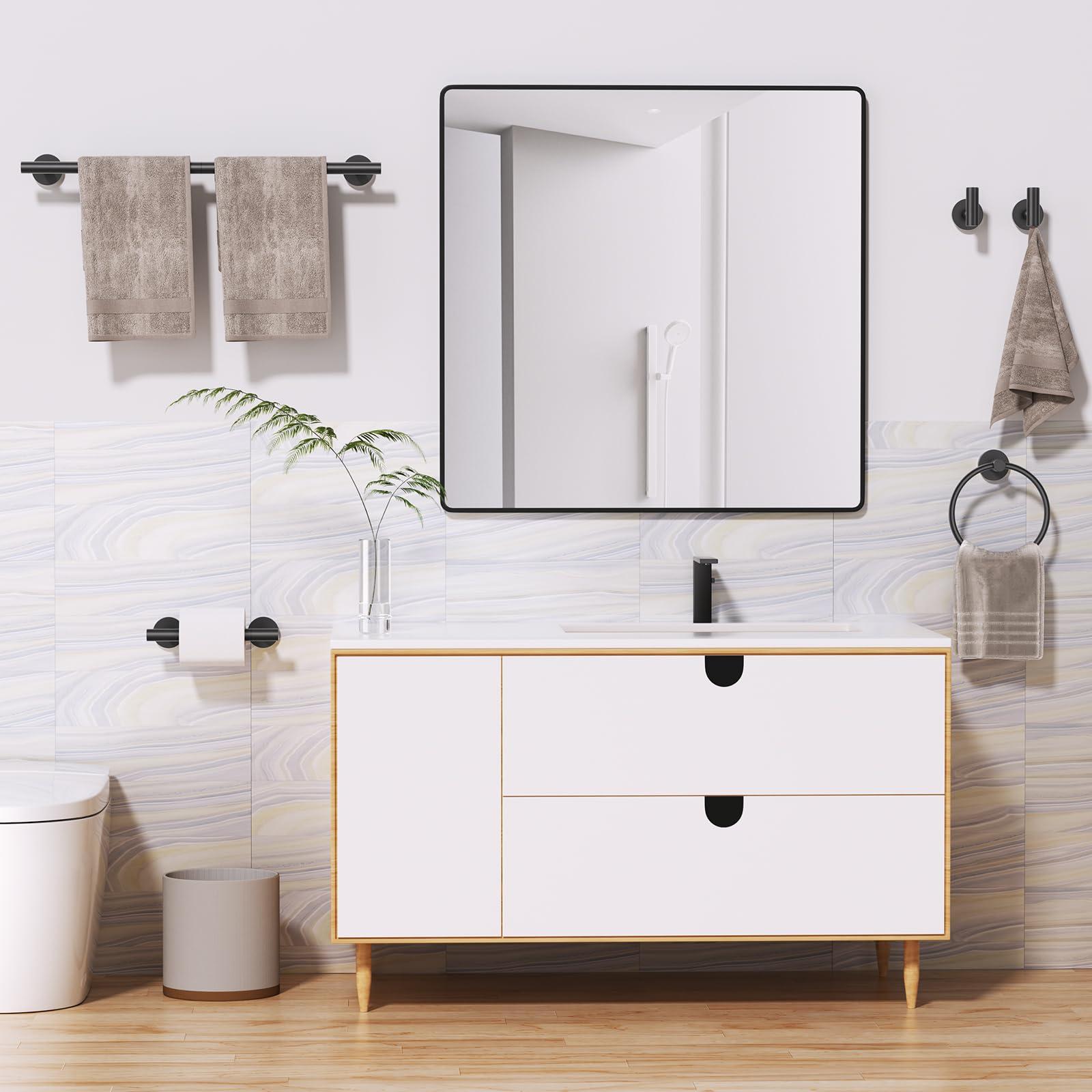 5 Pieces Matte Black Round Towel Bar Set Bathroom Hardware Accessories Set Upgraded Toilet Paper Holder Towel Racks Set for Bathroom Stainless Steel Wall Mounted 23.6 in - Image 7
