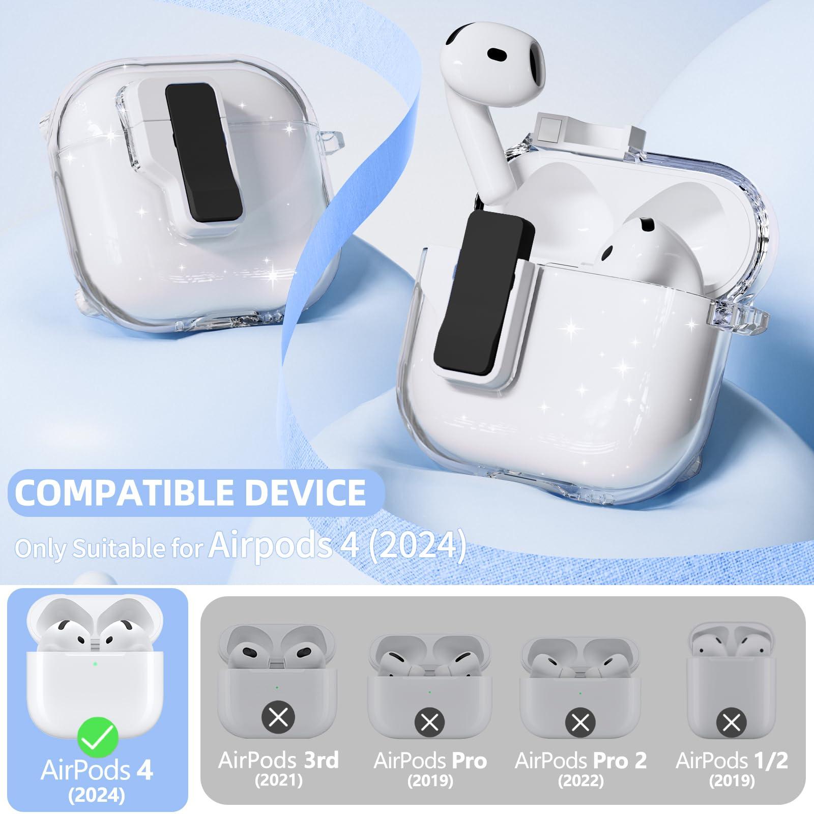 Safety Lock for Airpods 4 Case, Clear for Apple Airpod 4 Case 2024 USB-C, Compatible with MagSafe, for Airpod 4 Case Cover with Cleaner Kit for Women, Auto Pop-Up Lid with Lanyard and Keychain, Black - Image 2