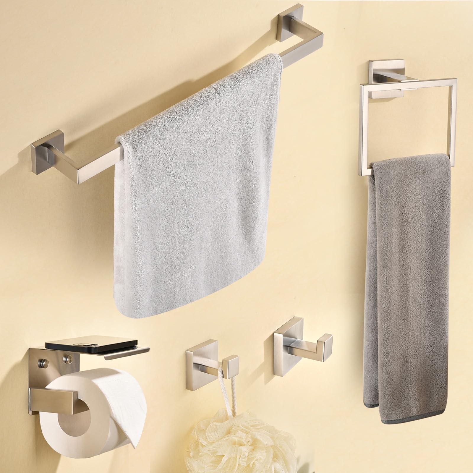 Taucent Bath Towel Bar Set 5 Pieces Brushed Nickel,Modern Bathroom Hardware Accessories Set Wall Mounted Include 16-InchTowel Rod,Towel Rack,Toilet Paper Holder with Shelf,2 Robe Hook - Image 2