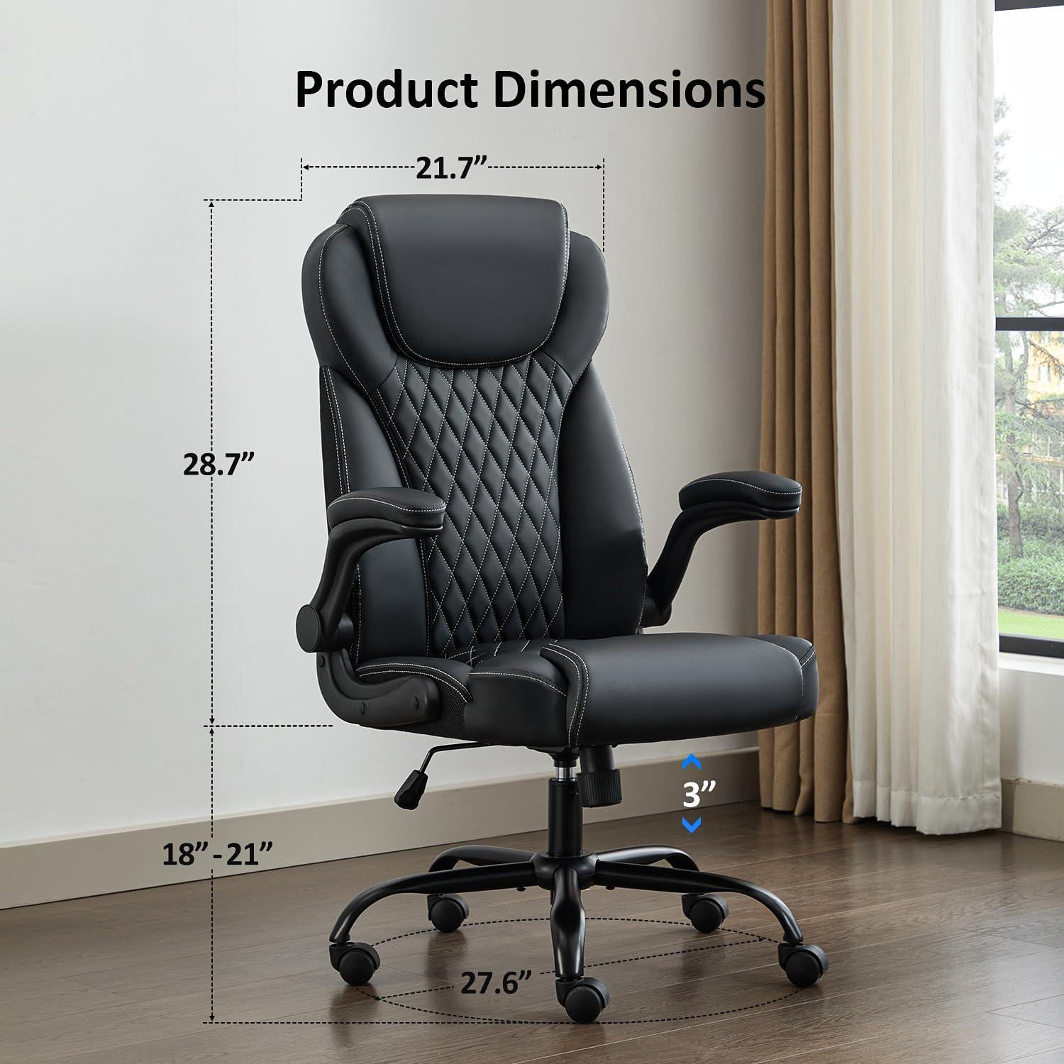 amseatec, Office Chair, Executive Leather Chair Home Office Desk Chairs, Ergonomic Computer Desk Chair with Adjustable Flip-Up Arms, Lumbar Support Swivel Task Chair with Rocking Function (Black) - Image 2