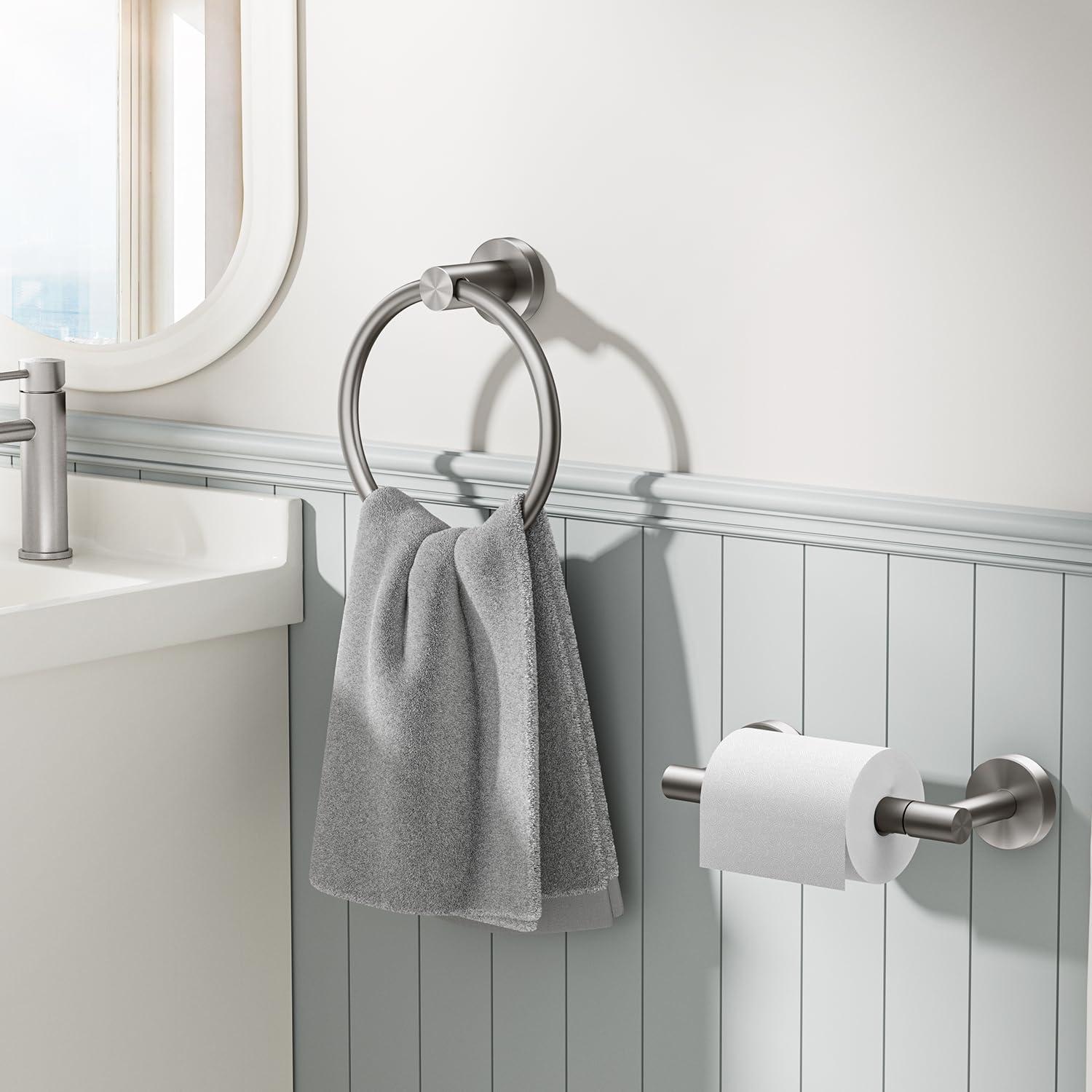 FORIOUS Brushed Nickel Toilet Paper Holder Wall Mount, SUS304 Stainless Steel Double Post Pivoting Tissue Roll Holder and Hand Towel Ring Set for Bathroom, RV, Bathroom Hardware Accessories Set - Image 2