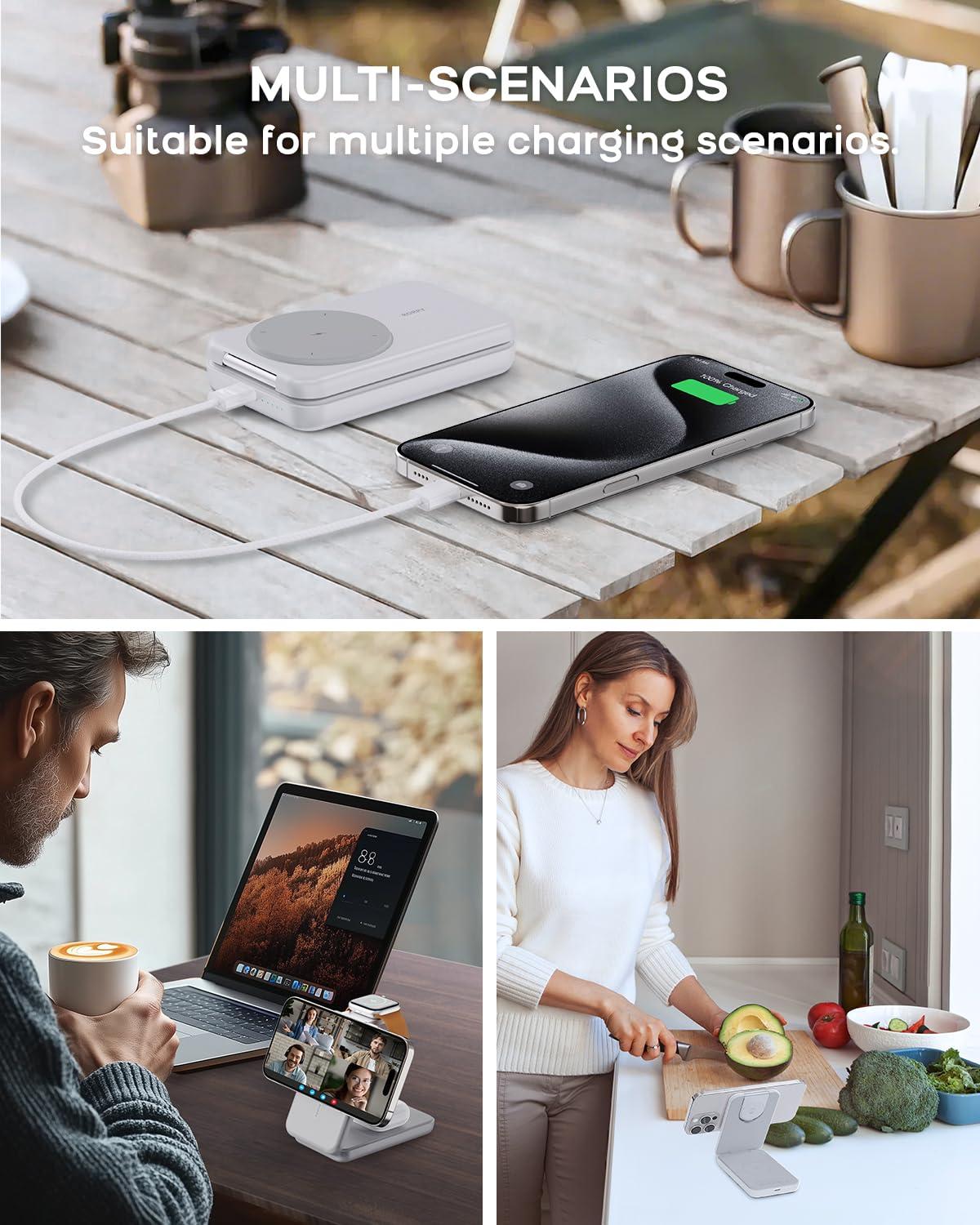 RORRY Portable Charger, 3-in-1 Charging Station 10000mAh Portable Charger Power Bank for MagSafe Foldable Battery Pack Travel for iPhone 16/15/14/13/12, for Apple Watch 10/9/8/7/6/5/Ultra/2, White - Image 5