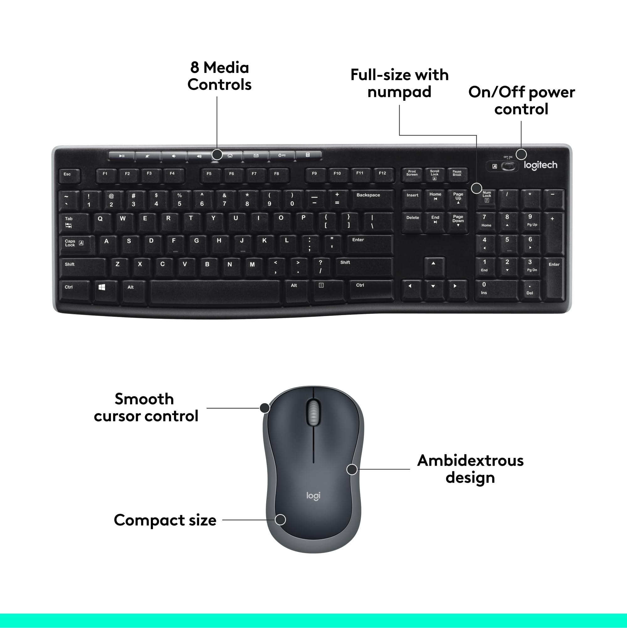 Logitech MK270 Wireless Keyboard and Mouse Combo for Windows, 2.4 GHz, 8 Multimedia Keys, PC, Laptop, Wireless Keyboard Compact Mouse Combo - Black - Image 6