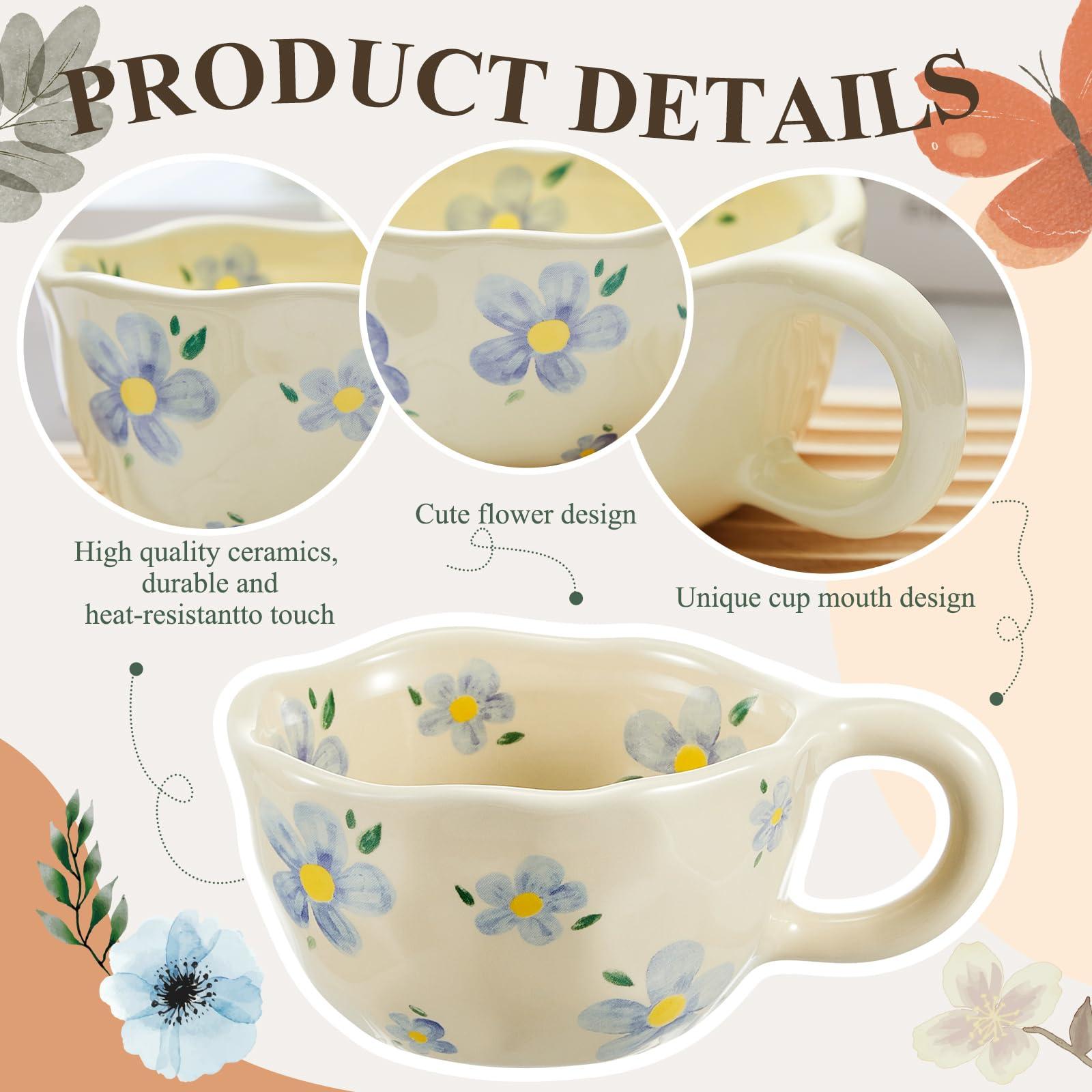 Vesici 4 Styles Cute Ceramic Flower Coffee Mug Set 8. 5 oz Vintage Aesthetic Porcelain Floral Tea Coffee Cup with Handle Dishwasher Microwave Safe for Woman Girls Gifts - Image 5