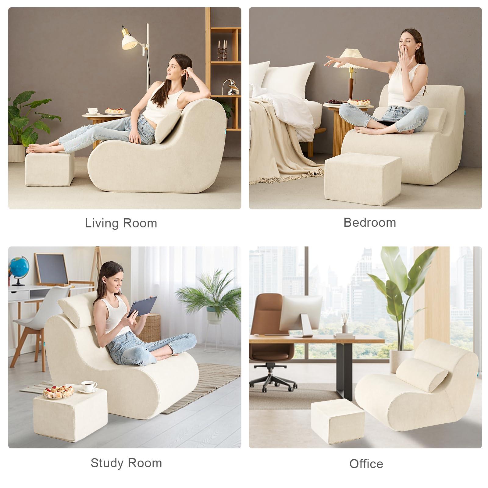 Hansleep Bean Bag Chair for Adults, High-Density Foam Reading Chair with Ottoman, Cozy Beanbag Sofa Chair with Waist Support for Living Room, Bedroom, Beige - Image 4
