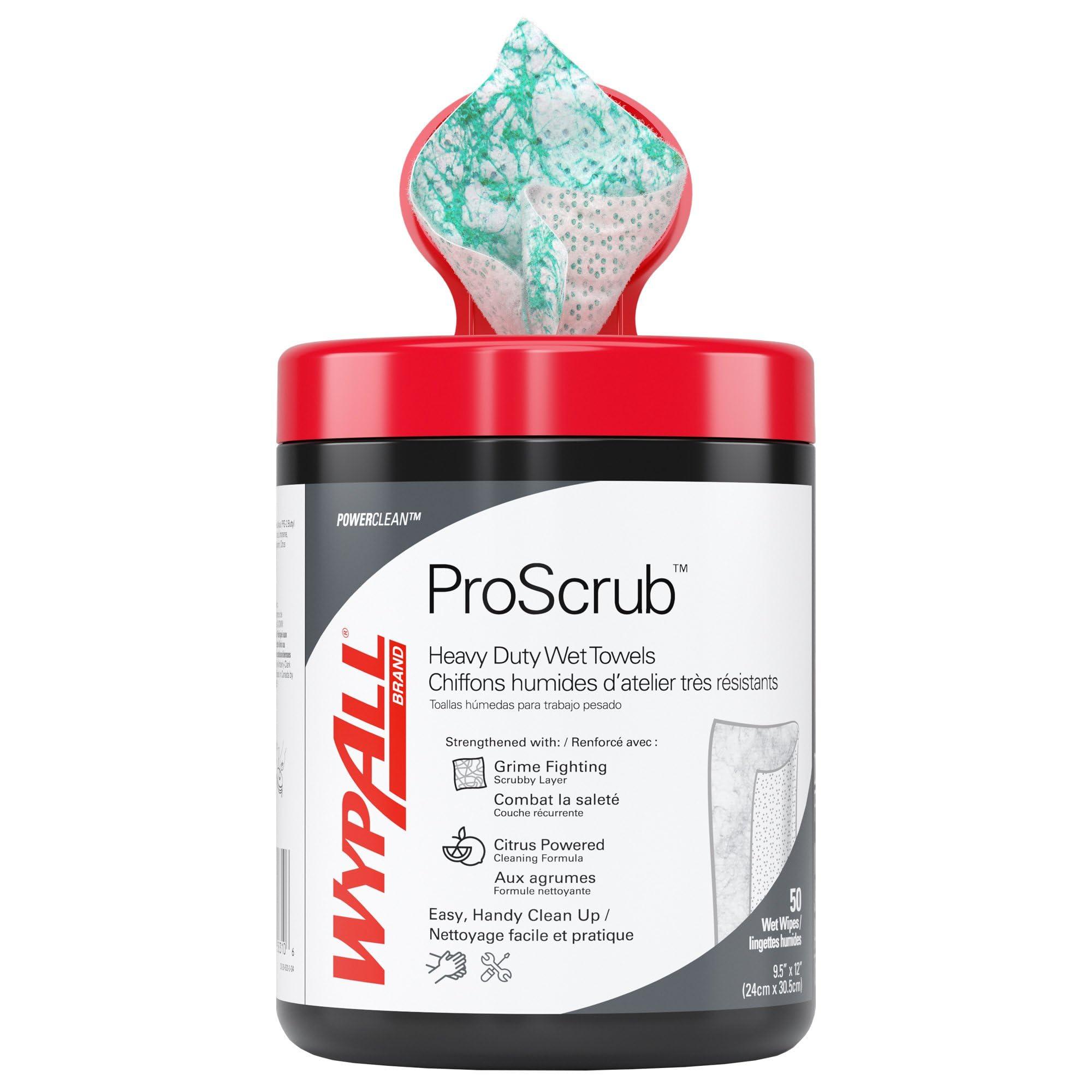 WypAll PowerClean ProScrub Heavy Duty Wet Towels (58310), Dual Action Cleaning, Large 9.5" x 12" Wipes, Canister Included (8 Canisters of 50 Sheets, 400 Sheet Total)