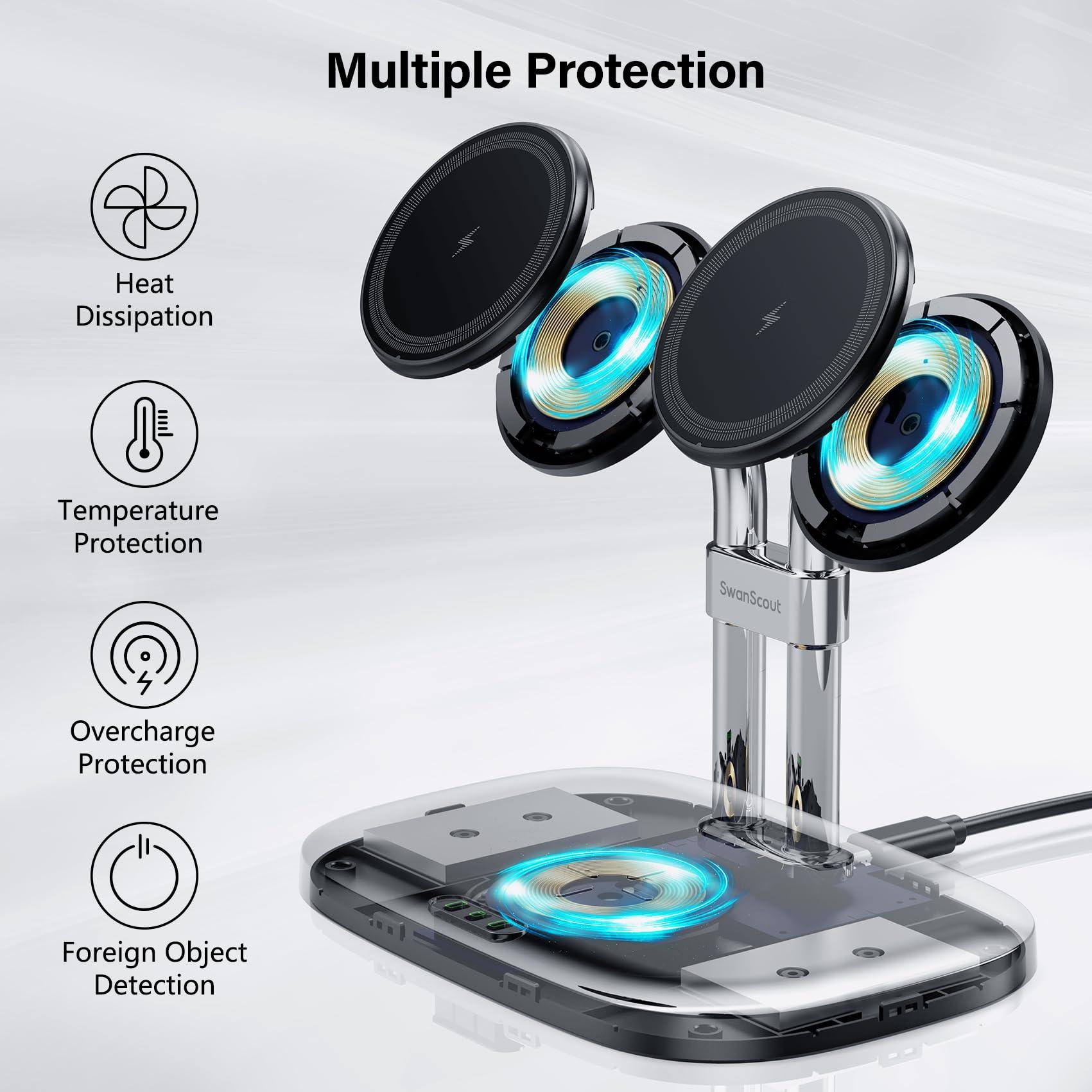 SwanScout Wireless Charger for iPhone 16 15, SwanScout 706M, Dual Magnetic Charger for iPhone 14/13/12 Series, Charging Station for AirPods Pro 2, AirPods 4/3rd (Black) - Image 6