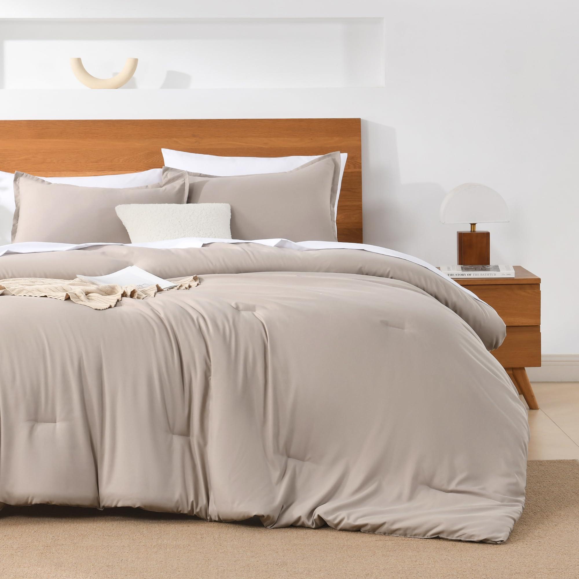 Andency Queen Comforter Set - 7 Pieces Bed in a Bag Queen Bedding Comforter Sets Oatmeal, Winter Solid Soft Lightweight Comforter with Fitted Sheets, Flat Sheets, Pillowcases & Shams - Image 2