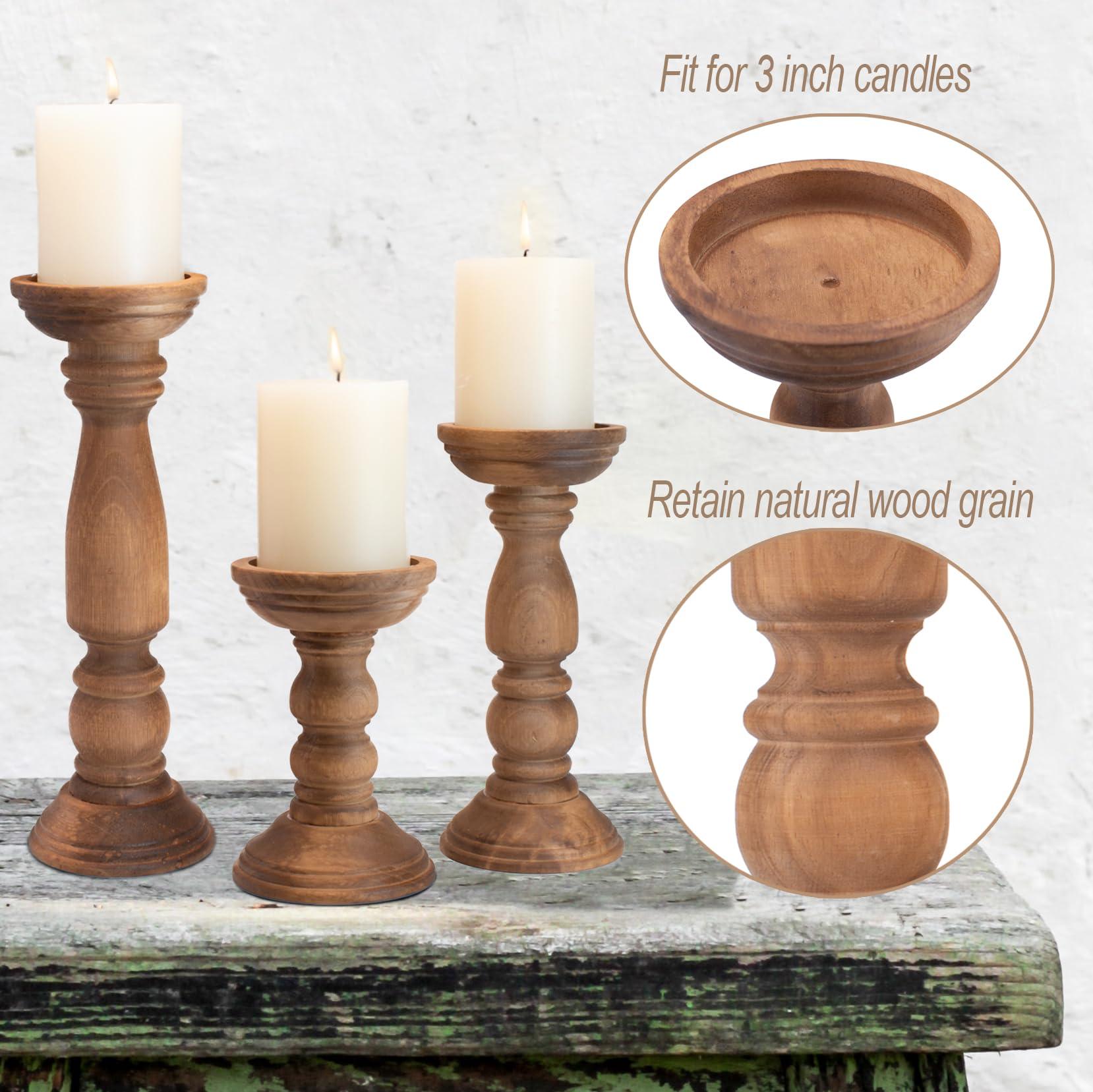 Farmhouse Wooden Candle Holders for Pillar Candles Set of 3, Rustic Wood Candle Holder Table Centerpiece Decor, 12'' 9'' 6'' Vintage Tall Candle Stand Decorative, Brown - Image 4