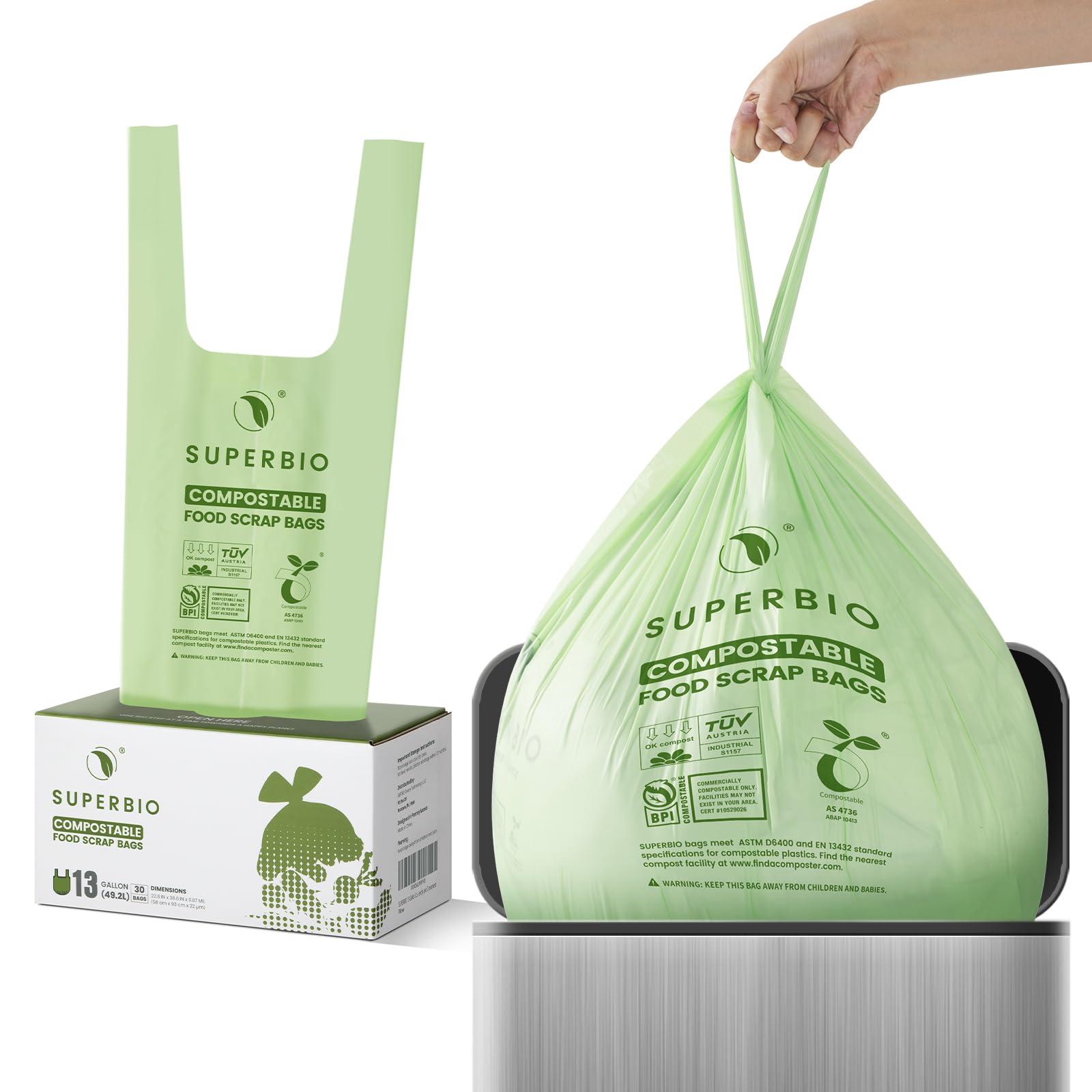 SUPERBIO 13 Gallon Compostable Kitchen Waste Bags with Handles, Food Scrap Bags Certified by BPI, OK compost INDUSTRIAL, 30 Count, 49.2L - Image 3