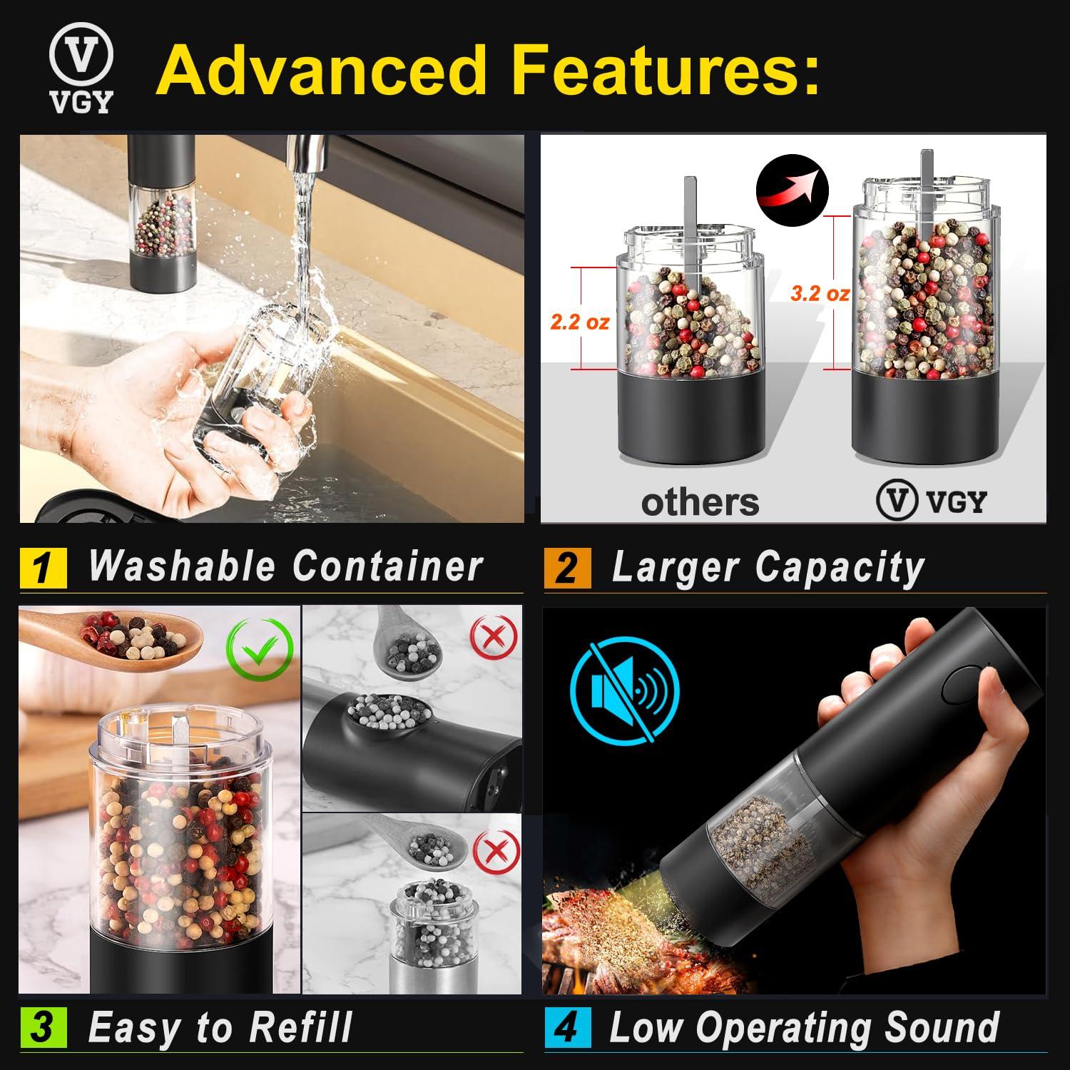 VGY Electric Salt and Pepper Grinder Set Rechargeable, 2 Pack Automatic One-Handed Operation Pepper Mills, 5 Adjustable Coarseness Levels, LED Light, Washable 95ml-Container, USB Charging - Image 4