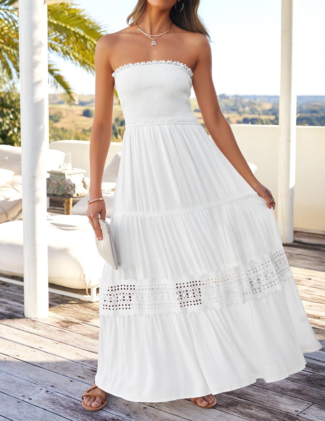 ZESICA Women's 2025 Summer Bohemian Strapless Off Shoulder Lace Trim Backless Flowy A Line Beach Long Maxi Dress - Image 2