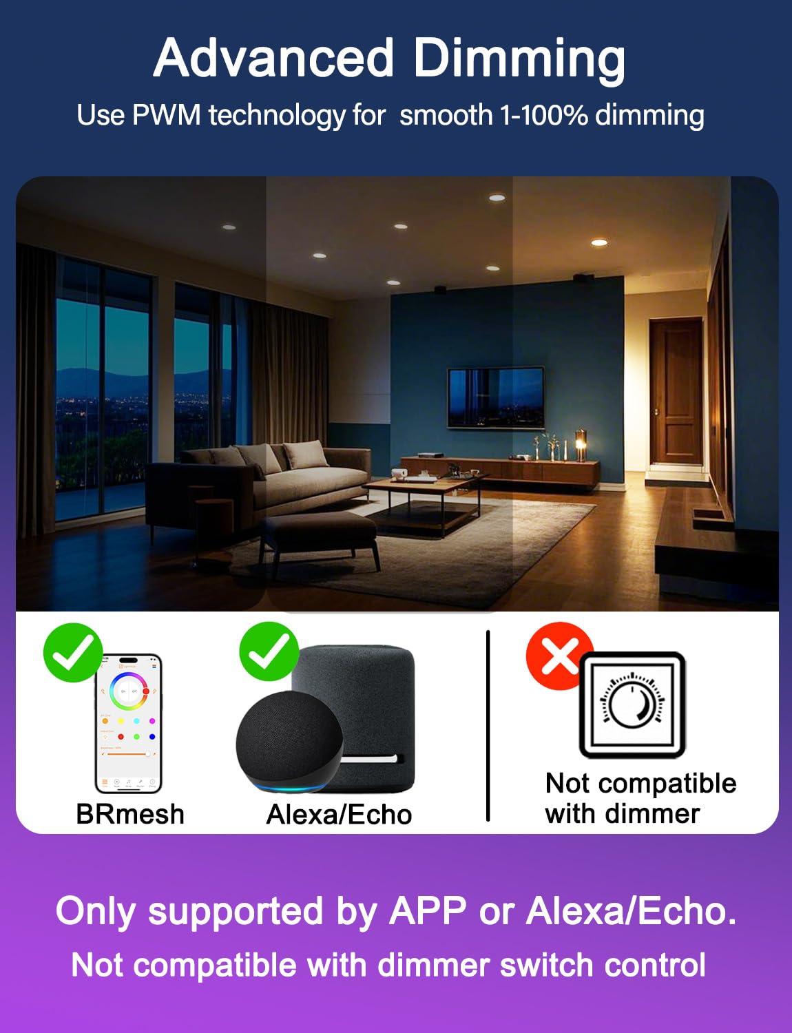 ILC 6 inch led recessed Light, Work with Alexa (Hub Required), App Controlled, RGB Color Changing, 16 Million Colors, CCT: 2700K-6000K, 14W, 120W Equivatlent, 1400LM, CRI 90, Bluetooth Mesh, 6 Packs - Image 5