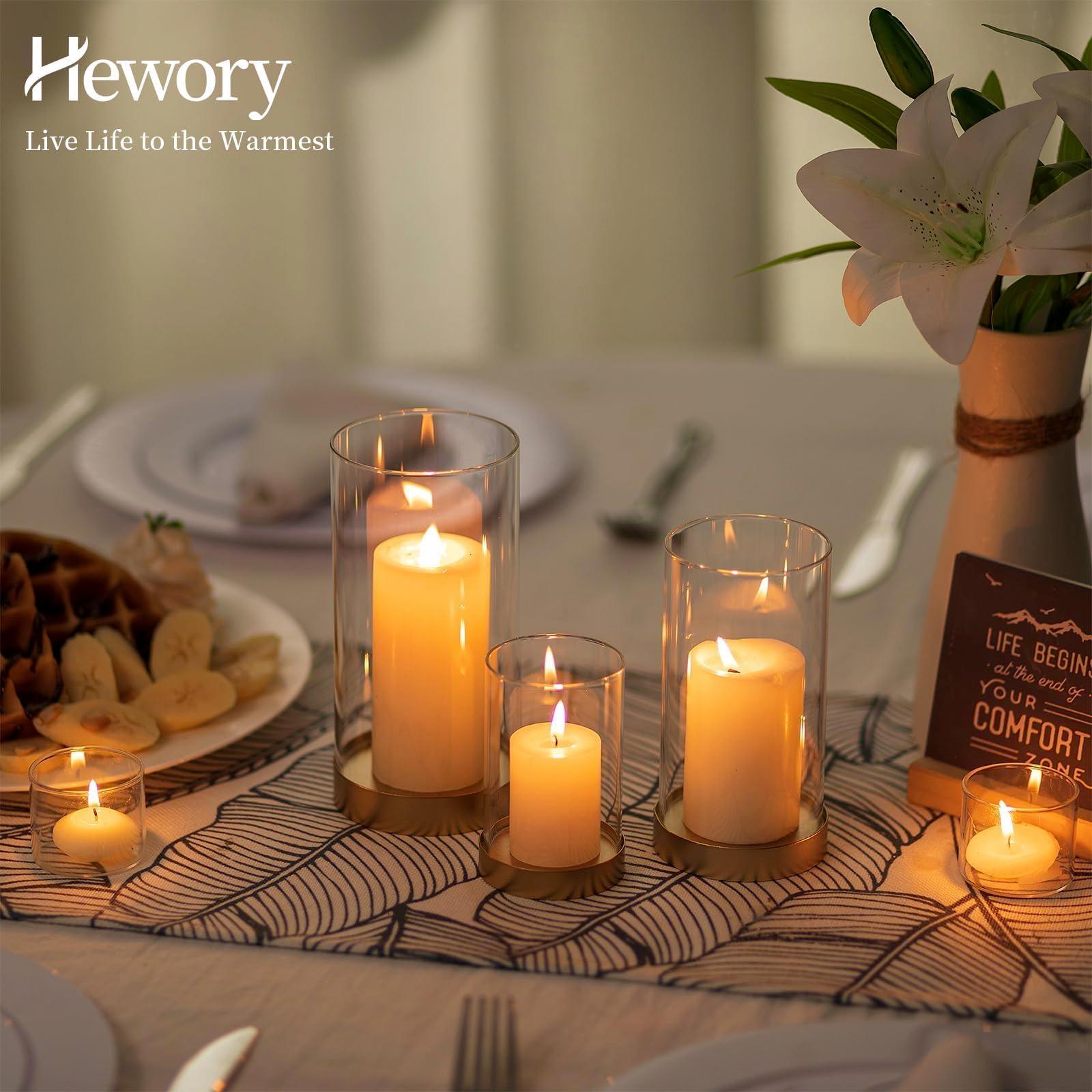 Hewory Hurricane Candle Holder for Pillar Candles: Gold Votive Candle Holders Set of 12, Glass Hurricane with Metal Candle Plate, Pillar Candle Holder for Table Centerpiece Wedding Holiday Home Decor - Image 5