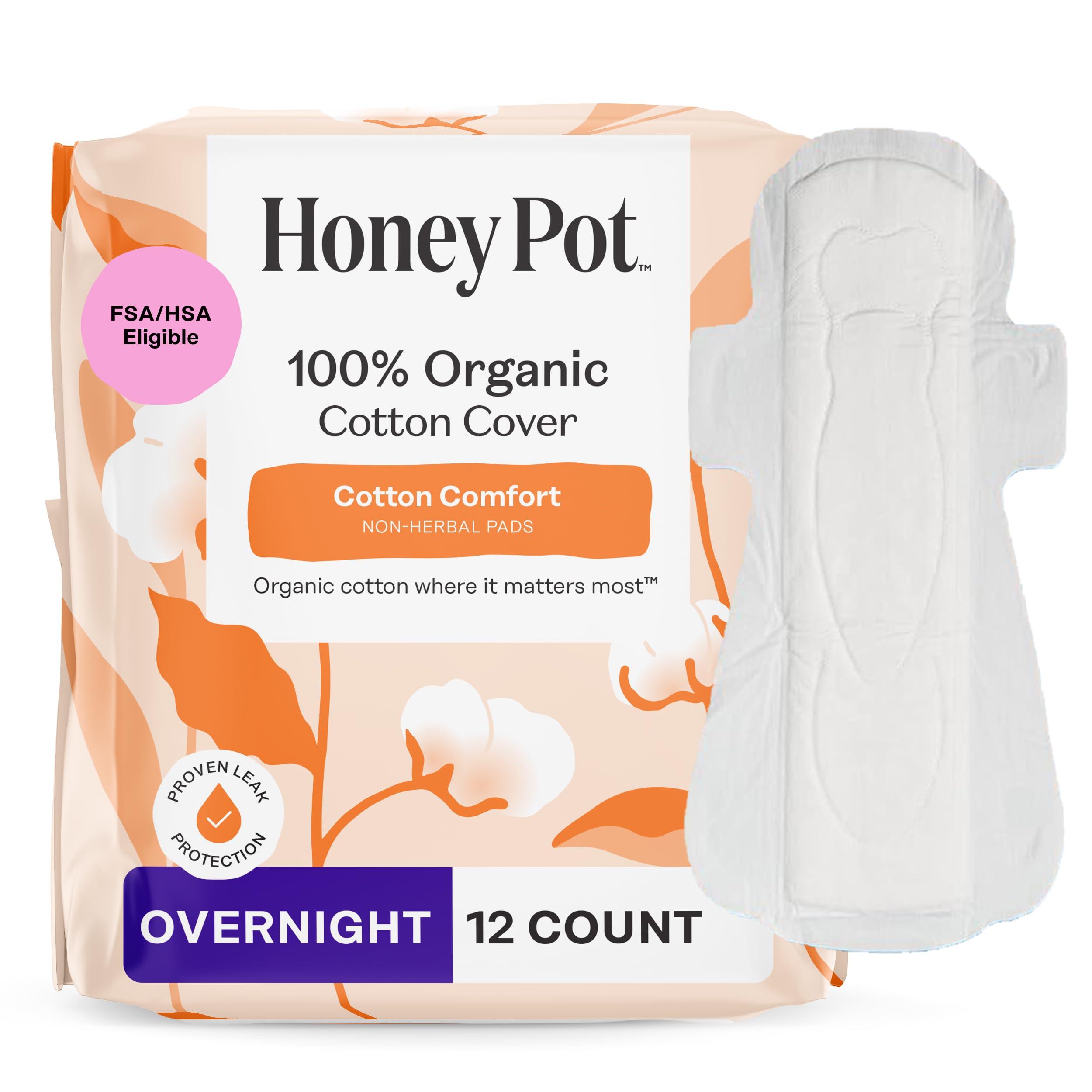 The Honey Pot Company - Sanitary Pads for Women - Non-Herbal Overnight w/Wings - Organic Cotton Cover, & Ultra-Absorbent Pulp Core - Feminine Care - FSA & HSA Eligible - 12 ct