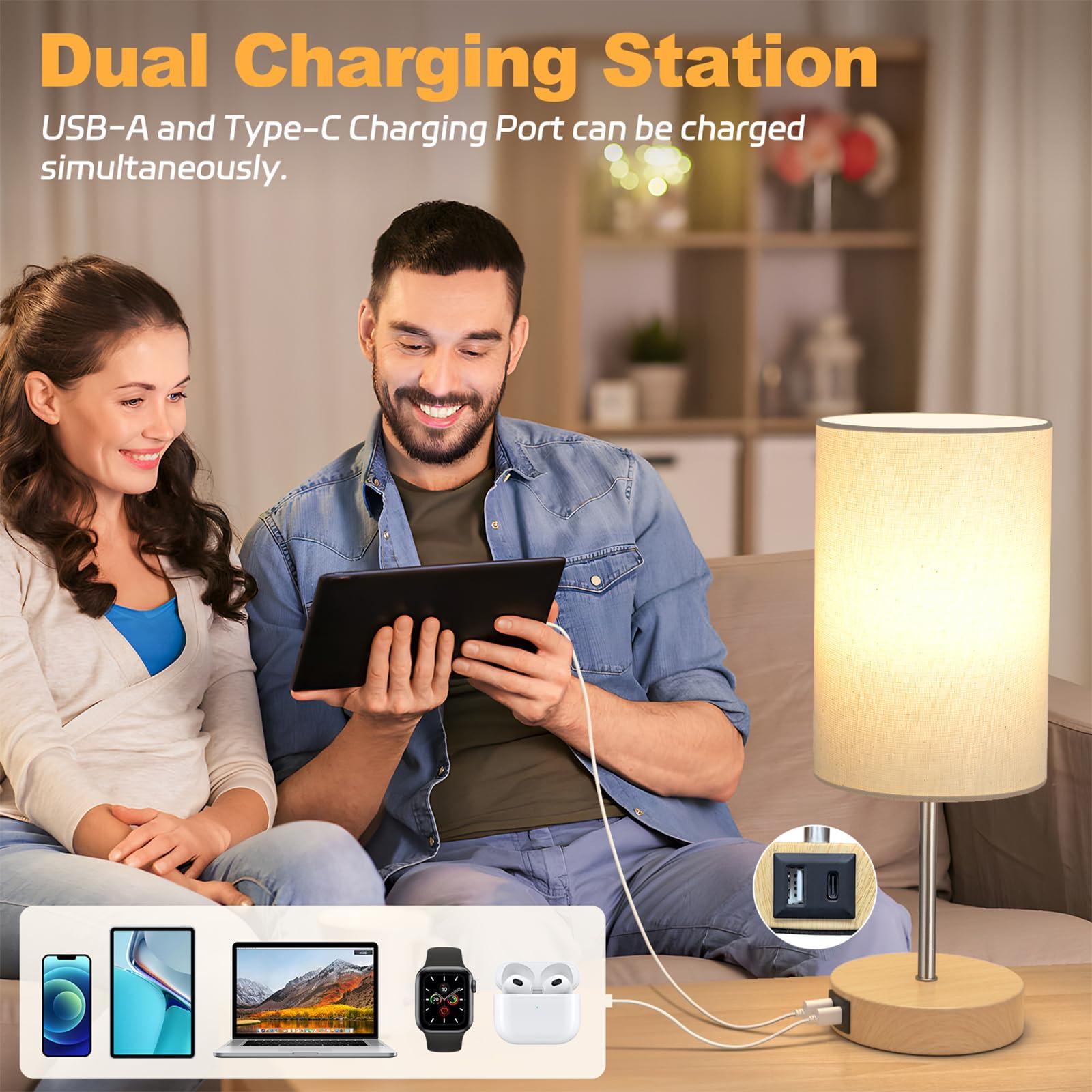 AKASUKI Table Lamp for Bedroom, 3 Way Dimmable Touch Lamp with Dual Charging Station, Small Bedside Lamps for Night Stands, Living Room, Office(LED Bulb Included) - Image 4