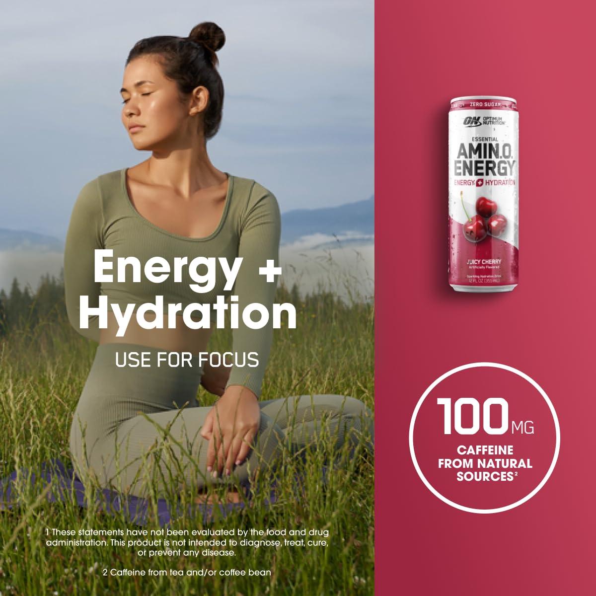Optimum Nutrition Amino Energy Sparkling Hydration Drink, Electrolytes, Caffeine, Amino Acids, BCAAs, Sugar Free, Juicy Cherry, 12 Fl Oz, 12 Pack (Packaging May Vary) - Image 5