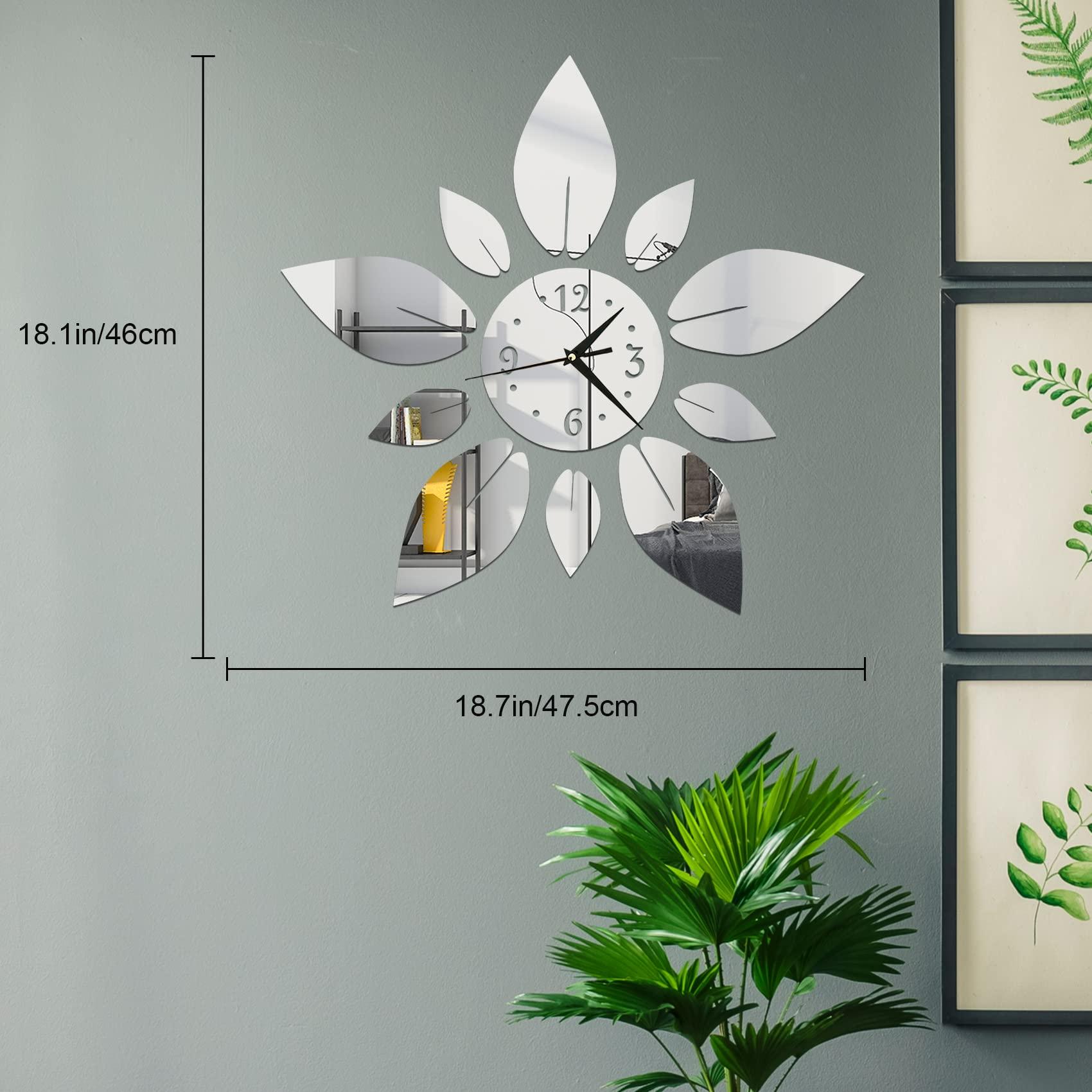 haodeni Modern Flowers Digital 3D Large Wall Clock Mirror Stickers Self-Adhesive Acrylic Crystal Decals DIY Silent Petal Combo Art Clocks Decoration for Home Apartment Office (Silver) - Image 2