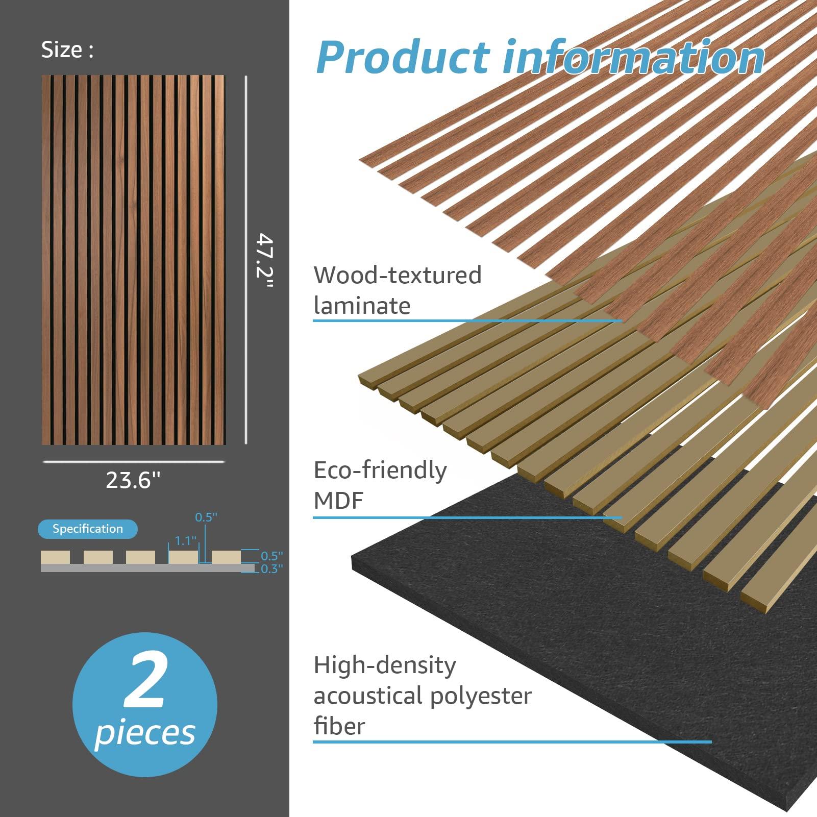 Art3d 2 Wood Slat Acoustic Panels for Wall and Ceiling - 3D Fluted Sound Absorbing Panel with Wood Finish - Walnut - Image 4
