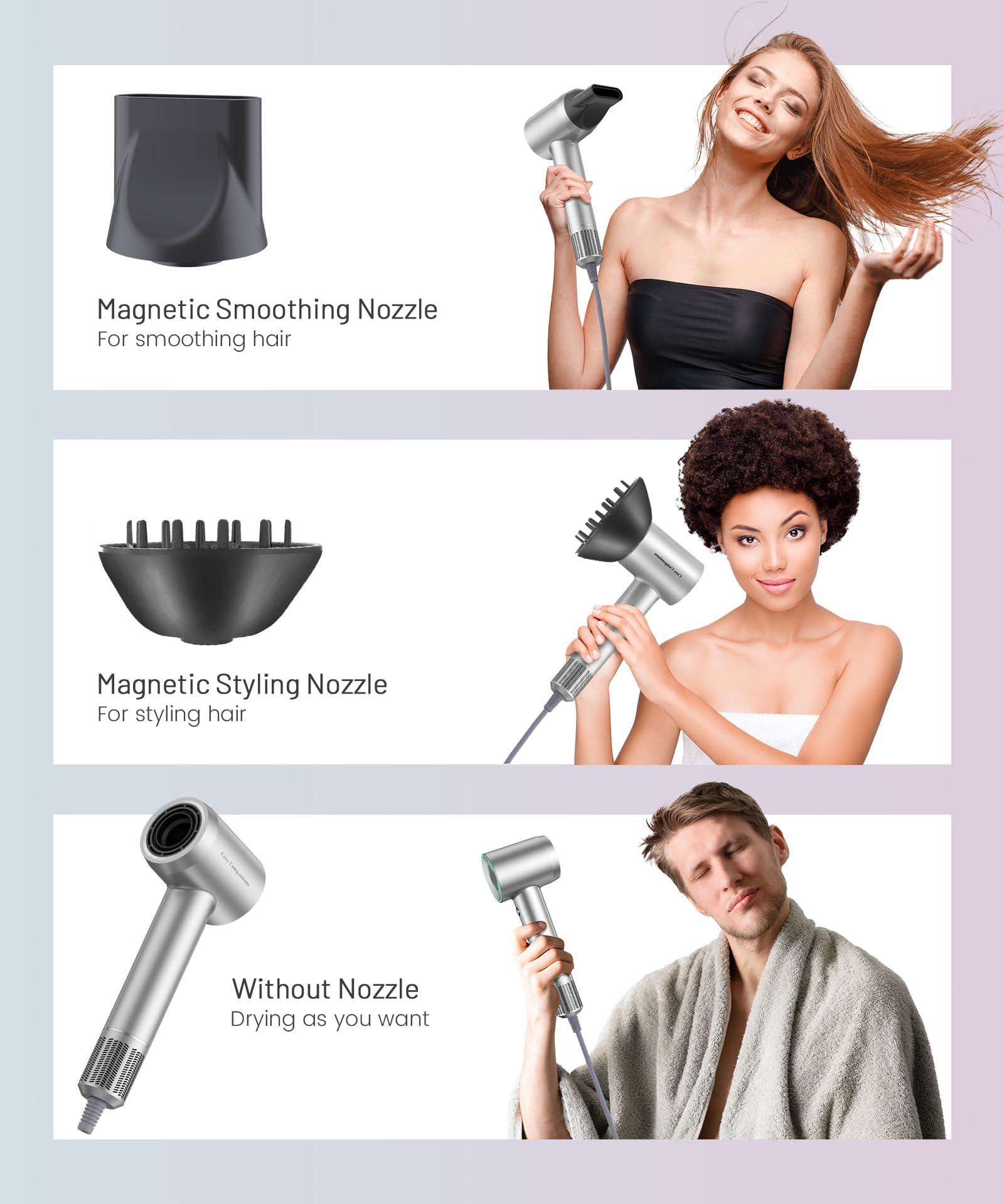 Hair Dryer - 150000 RPM High-Speed Brushless Motor Negative Ionic Blow Dryer for Fast Drying, Low Noise Thermo-Control Hair Dryer with Diffuser and Nozzle, Silvery - Image 8