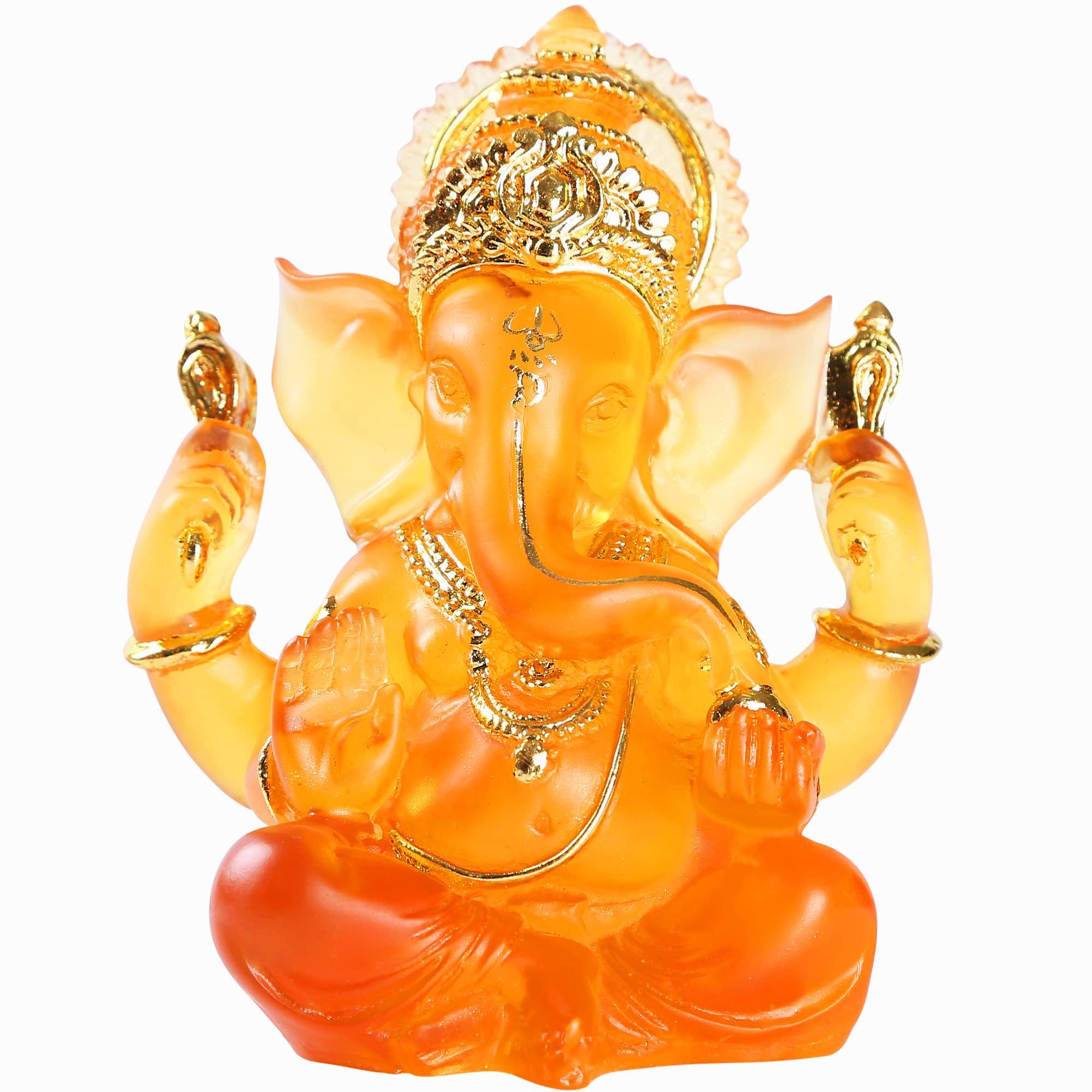 H&W 5.6''H Blessing A Orange Resin Statue of Lord Ganesha Ganpati Elephant Hindu God, Elephant God Statue, Lmitation Glass Sculpture Buddha Figurine Decoration