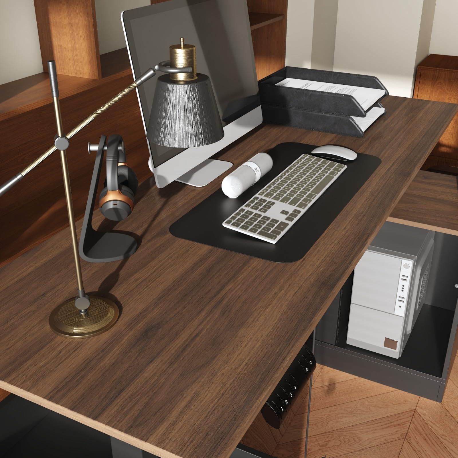 MOUMON Electric Standing Desk with Drawers and Shelves, Executive Adjustable Height Desk, L-Shaped Design, 63 inch Tabletop, for Office Deep Brown and Black (63”W x 63”D x 28.4-45.8”H) - Image 5