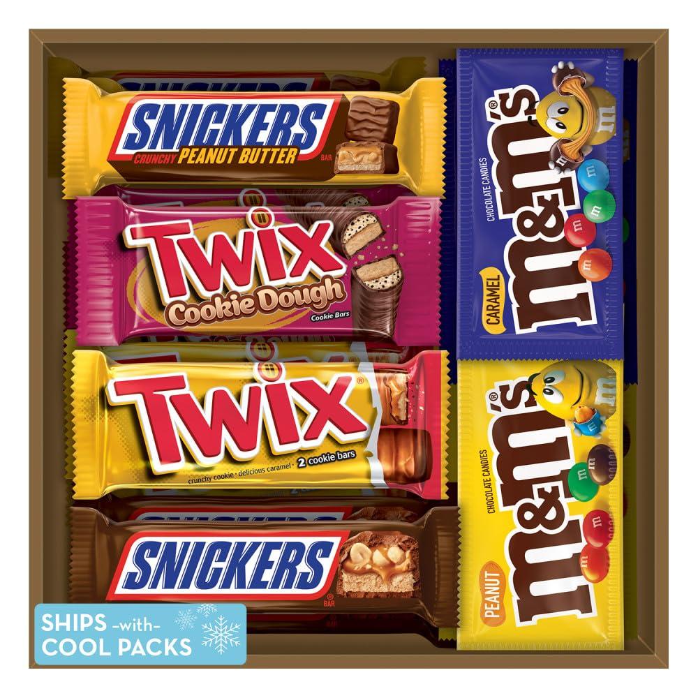 Mars M&M'S Peanut, M&M'S Caramel, SNICKERS Original, SNICKERS Peanut Butter Squared, TWIX Original and TWIX Cookie Dough Variety Pack Full Size Individually Wrapped Milk Chocolate Candy Bars, 18 Ct