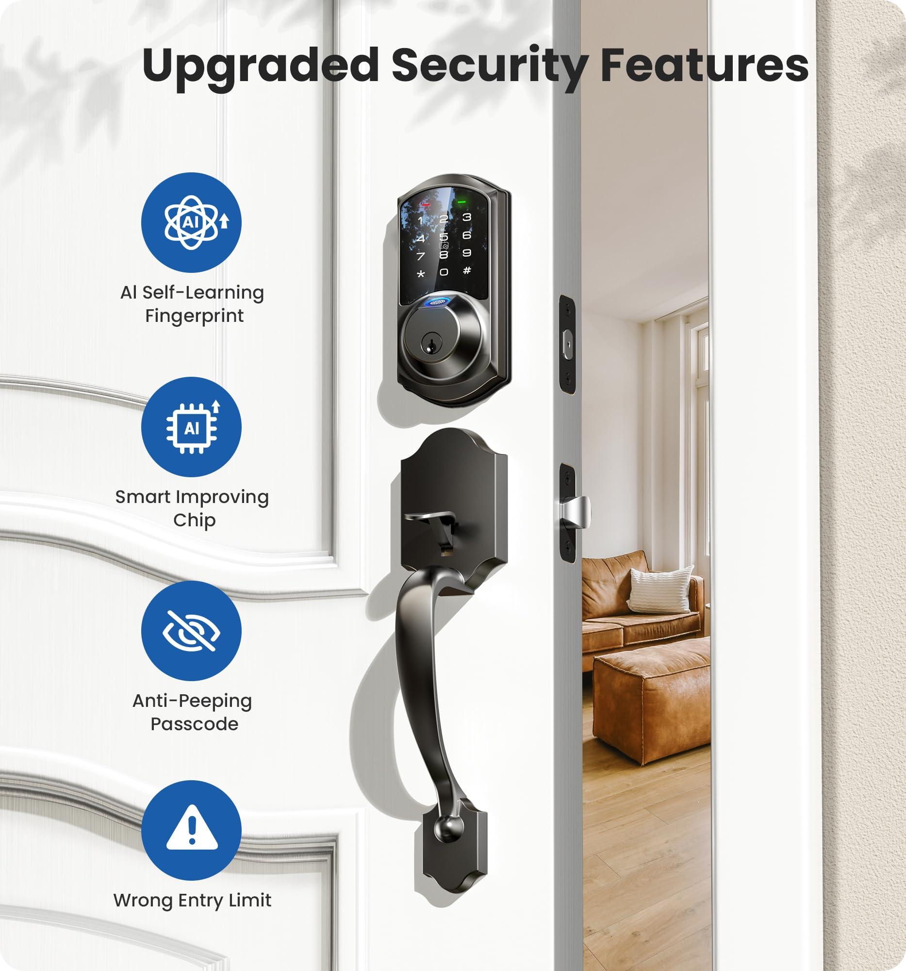 Veise VE07-H Fingerprint Smart Locks for Front Door with Handle Set, App Control, Keyless Entry Keypad Deadbolt, Digital Electronic Touchscreen, Easy Install, Auto Lock, Matte Black - Image 3