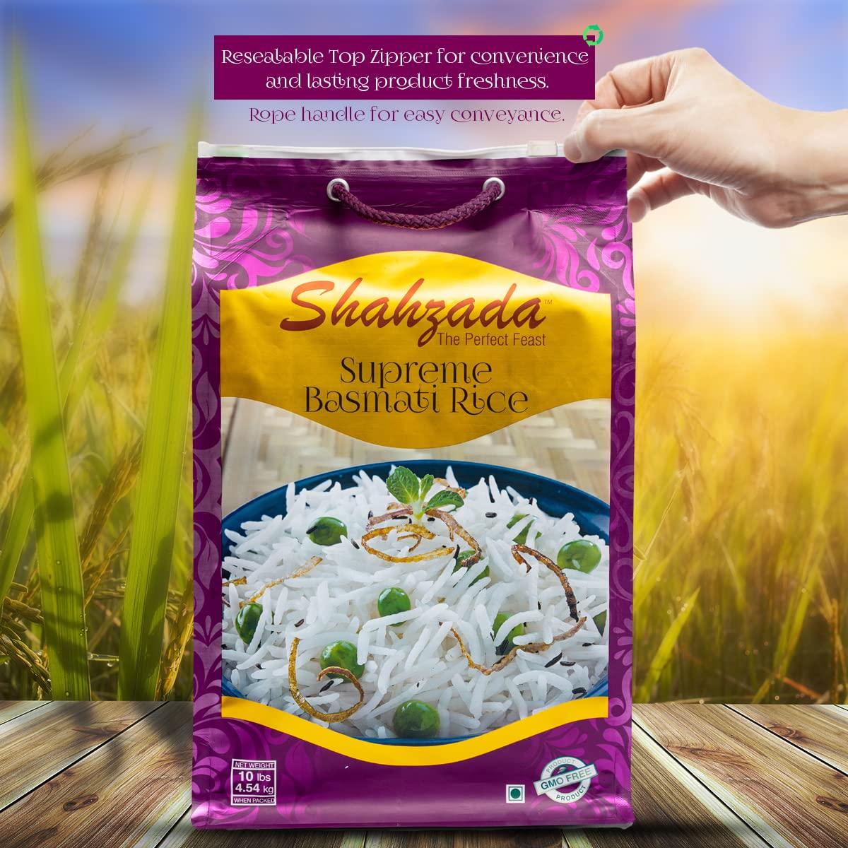 Shahzada Supreme Basmati Rice 10 Lbs – Extra Long Grain, Non-Sticky, Non GMO, Vegan, Gluten Free, No Cholesterol, Low Sodium, Zip-Lock Bag, Parboiled - Image 6