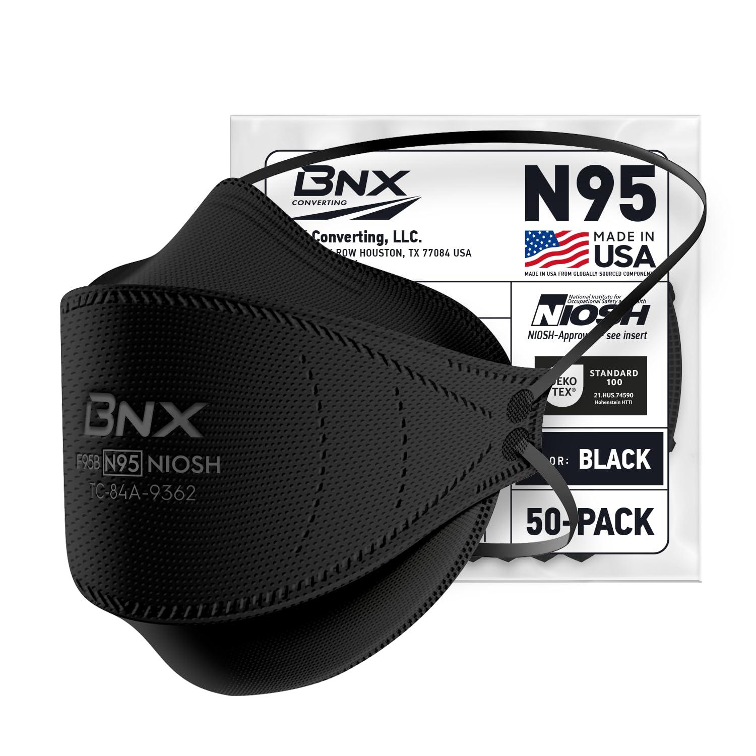 BNX N95 Mask NIOSH Certified MADE IN USA Face Mask, Tri-Fold Cup/Fish Style, 10,20,50-Pack - Black, White (Model F95B,F95W)