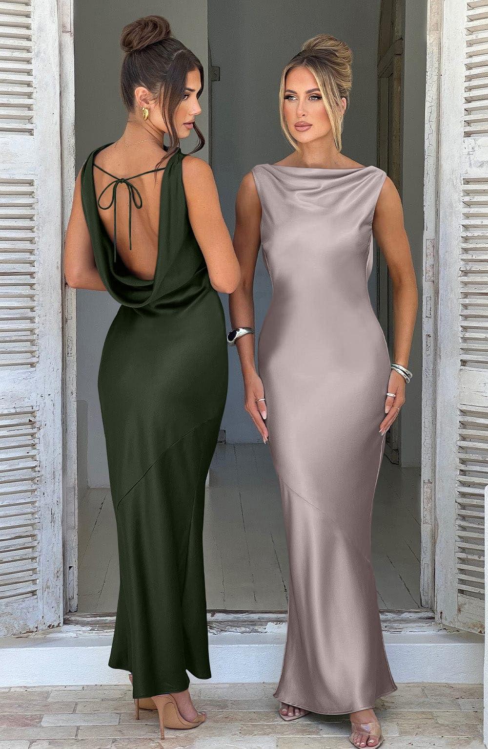 Memoriesea Women's Satin Elegant Sleeveless High Neck Tie Cocktail Party Maxi Dress - Image 5