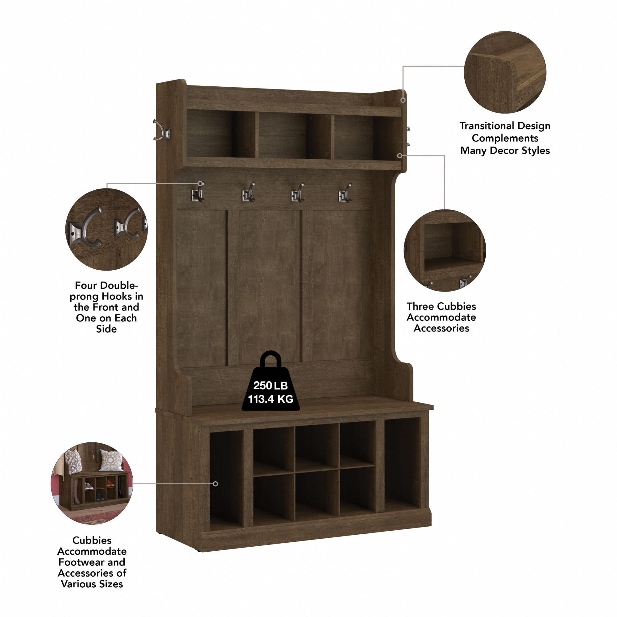 Bush Furniture Woodland 40W Hall Tree and Shoe Storage Bench with Shelves in Ash Brown, Cubbies and Coat Hooks for Foyer, Mudroom, or Entryway - Image 5