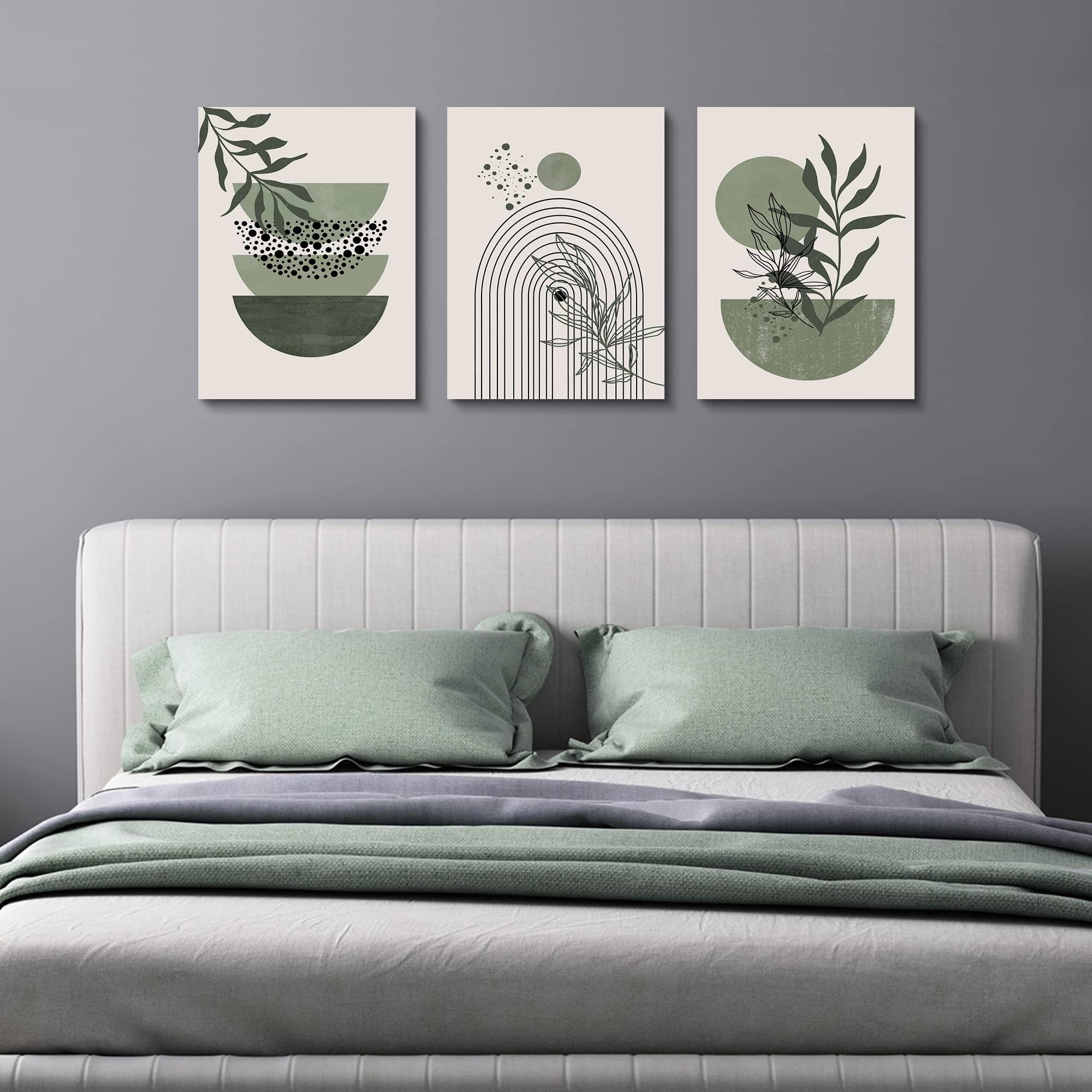Sage Green Wall Posters & Prints, Green Boho Wall Art Set of 3, Minimalist Framed Wall Art Geometric Line Leaf Sun Moon Beige Green Canvas Artwork Paintings - Image 3