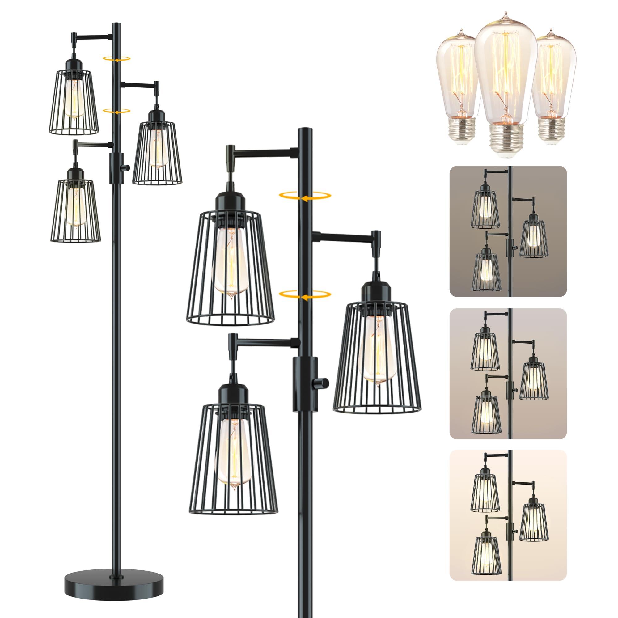 COFF Industrial Floor Lamp, 3 x 1200LM Edison LED Bulbs Included, Bright 3-Light Dimmable Floor Lamp, Farmhouse Tall Standing Lamp for Living Room, Bedroom Office Rustic Home Decor (Matte Black)