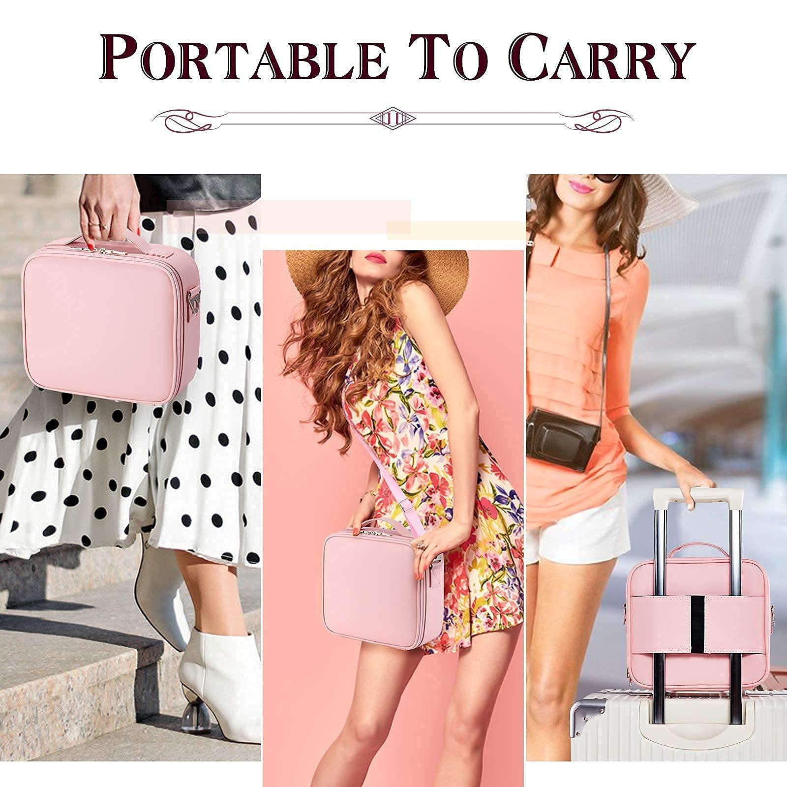gzcz Makeup Bag Organizer 10.2'' Travel Makeup Train Case Cosmetic Brush Organizer Portable Artist Storage bag with Adjustable Dividers and shoulder strap for Make up Accessories (Cute Pink) - Image 3