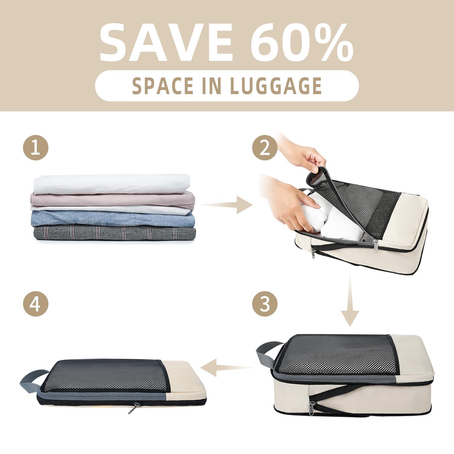 BAGAIL 4 Set/6 Set/8 Set Compression Packing Cubes Travel Accessories Expandable Packing Organizers (Half Mesh, 6-Beige) - Image 4