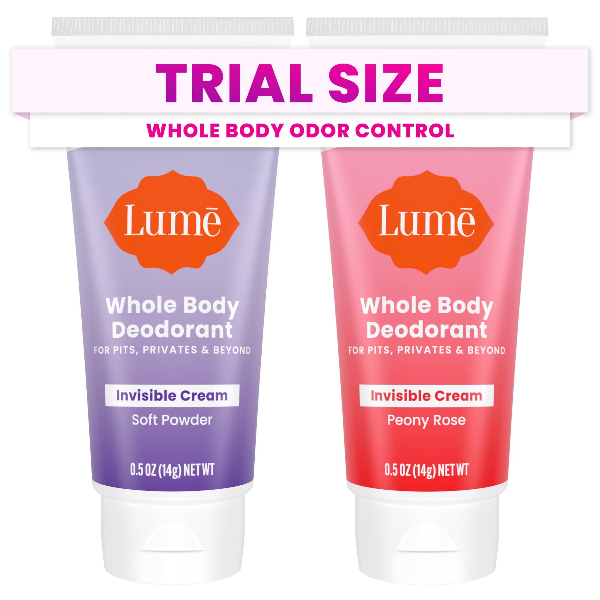 Lume Whole Body Deodorant - Mini Travel Size Invisible Cream Tube - Trial Size - 72 Hour Odor Control - Doctor Developed - Aluminum Free, Baking Soda Free - .5oz (2 Pack) (Soft Powder & Peony Rose)