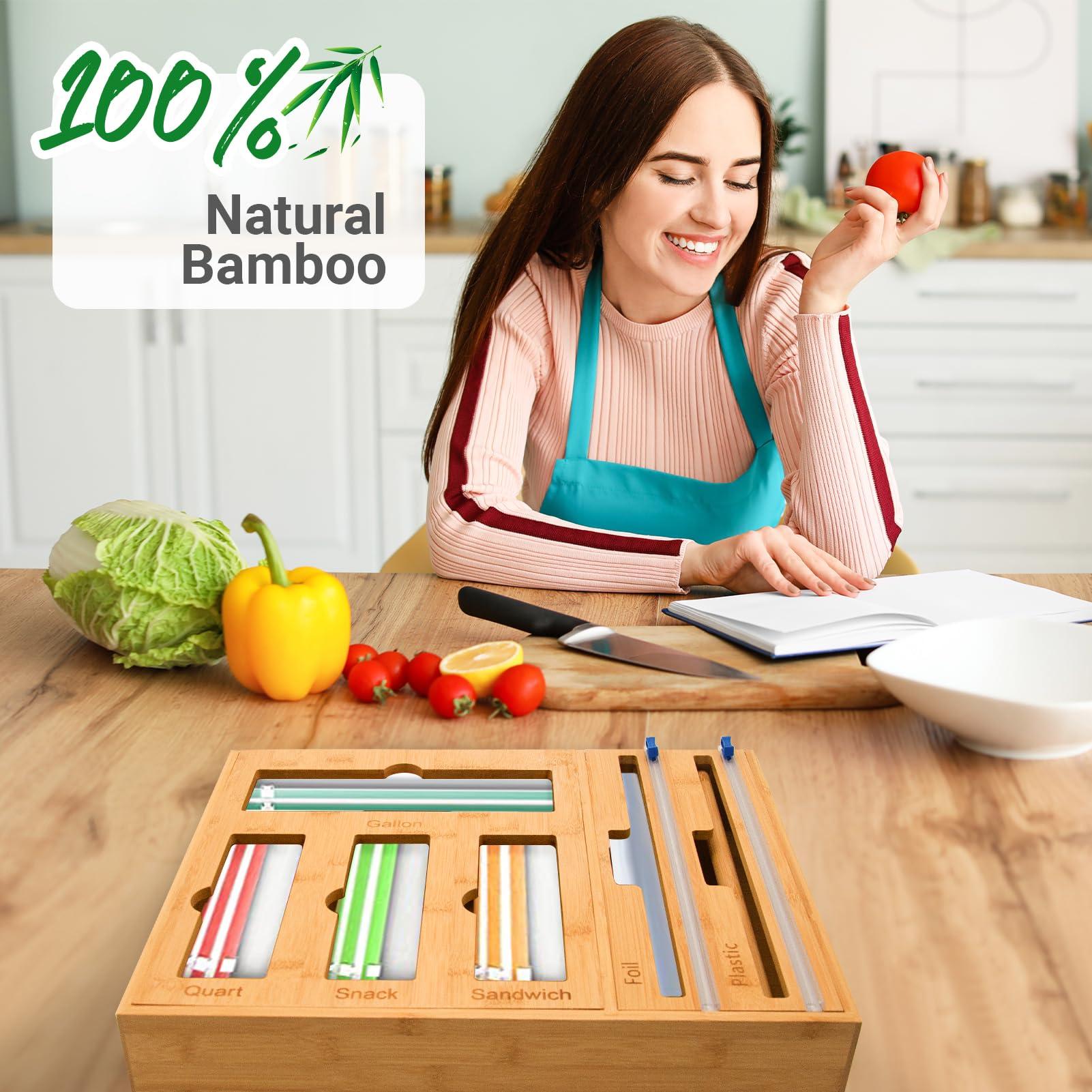 WHOMASS Bamboo Kitchen Drawer Organizer 7-in-1 for Food Bags and Wraps Adjustable Compartment Storage with Baggy Rack Dispenser and Cutter Fits Gallon Quart Sandwich and Snack Sizes - Image 7